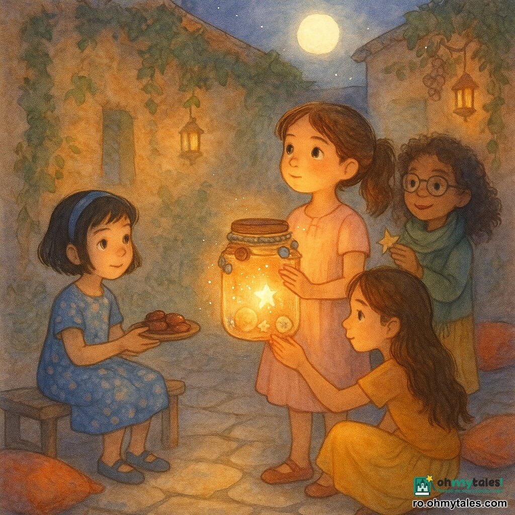 Sunt patru fete: Mara (~9 ani) cu păr șaten prins în coadă, rochie roz pal, ține un borcan-lampă decorat cu lână și nasturi și privește luna; Sara (~8 ani) cu păr negru scurt și bendă albastră, rochie cu flori albastre, stă pe un banculeț la stânga și întinde o farfurie cu curmale către Mara; Dalia (~10 ani) cu păr lung șaten și fustă galbenă este ghemuită în fața borcanului și adaugă o mică scoică decorativă pe gâtul sticlei; Yasmin (~9 ani) cu păr creț, ochelari și eșarfă verde stă în spatele Marei, zâmbitoare, ținând o stea mică din hârtie pe care o va pune în borcan. Scena are loc într-o curte la amurg, cu dale neregulate, ziduri ocres acoperite de iederă, felinare suspendate și perne colorate; fetele luminează borcanul-lampă artizanal care răspândește o lumină caldă aurie, împart curmale și privesc luna ce răsare, atmosfera fiind blândă, pastelată, cu reflexii calde pe fețe, umbre lungi și texturi moi.
