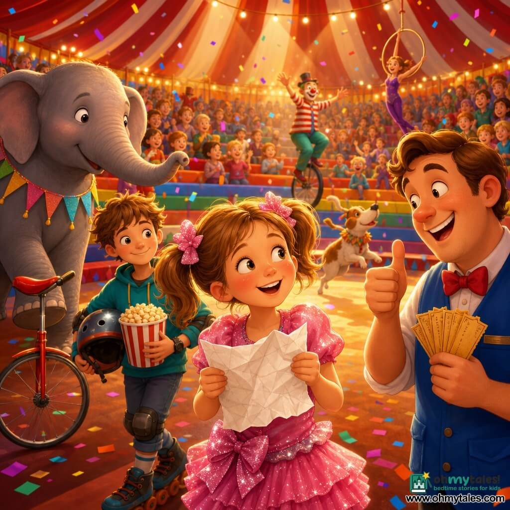 Eight-year-old Nelly, with light brown pigtails, rosy cheeks and a shy smile, wears a pink sparkly costume with a big bow, holds a crumpled seating chart and looks toward the tent; to her right Max, a round-faced thirtyish ticket seller in a blue pocketed vest, grins and gives a thumbs-up while holding a stack of golden tickets; behind her Pip, a scruffy twelve-year-old popcorn seller with a roller helmet under his arm, holds a bucket of popcorn and rolls on skates; Ella the elephant, large and grey with gentle eyes and a bunting around her neck, stands left with a unicycle by her trunk; all under a big red-and-white circus tent with rainbow benches, warm yellow spotlights and floating confetti as Nelly, surprised and happy in the spotlight, is surrounded by friends, circus animals and an enthusiastic, slightly chaotic crowd.