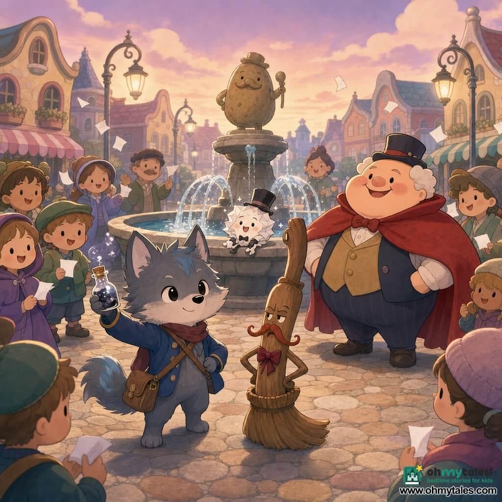 Pip, a small anthropomorphic wolf with grey fur and faint blue streaks, stands upright with a paw raised defiantly and a small glowing smoke bottle in his satchel; the Running Joke, a tiny creature of sparkling laughter like a crumpled paper figure with a top hat, perches on the fountain's edge with a mischievous expression; Gerald, a polished wooden talking broom with a theatrical ribbon moustache and a comically grumpy look, stands beside Pip as an accomplice; the portly smiling mayor in a shiny red cape stands behind Pip with hands on hips; a colorful crowd of children and townsfolk hold white papers drifting like flakes; Bramblewick square features pale brown round cobbles, a stone fountain with gentle splashing water and a caricature potato statue, pastel shopfronts and curved lampposts; scene: a playful joke contest at dusk, Pip and the Running Joke face each other amid floating papers, warm lighting, soft contrasts, clear centered composition for a cute, legible image.