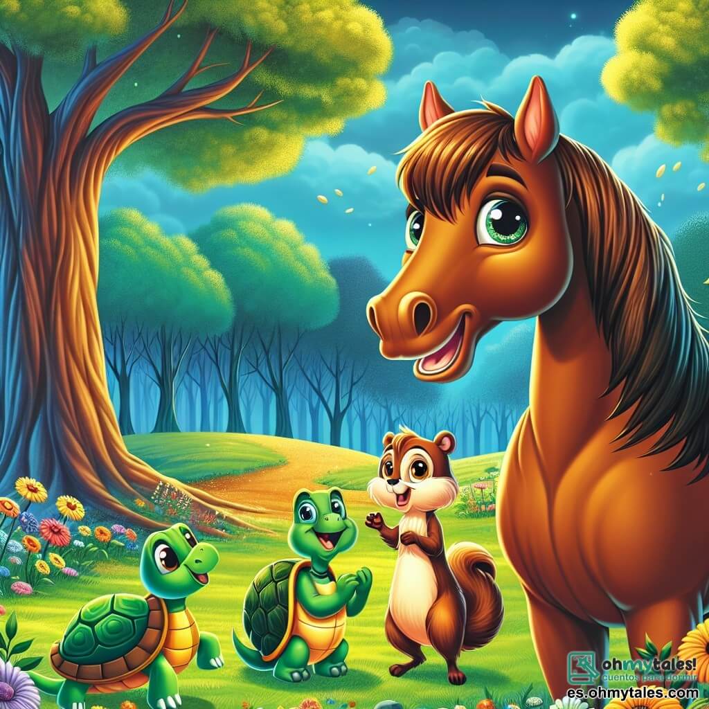 Un magnífico caballo castaño llamado Rayo, con un pelaje brillante y ojos chispeantes, se encuentra orgullosamente en el centro de la imagen, mostrando una expresión de determinación y alegría. A su lado, una pequeña tortuga llamada Tula, con un caparazón verde y ojos redondos y curiosos, lo mira con admiración. Un poco más lejos, una ardilla llamada Chispa, con un pelaje dorado y ojos llenos de esperanza, levanta las patas en el aire, expresando su gratitud. El decorado es un prado verde, salpicado de flores coloridas que bailan con la brisa, con un gran roble majestuoso al fondo. La escena captura el momento en que Rayo, Tula y Chispa celebran el descubrimiento de la valiosa nuez dorada, rodeados de la belleza natural del prado, simbolizando la amistad y la aventura.