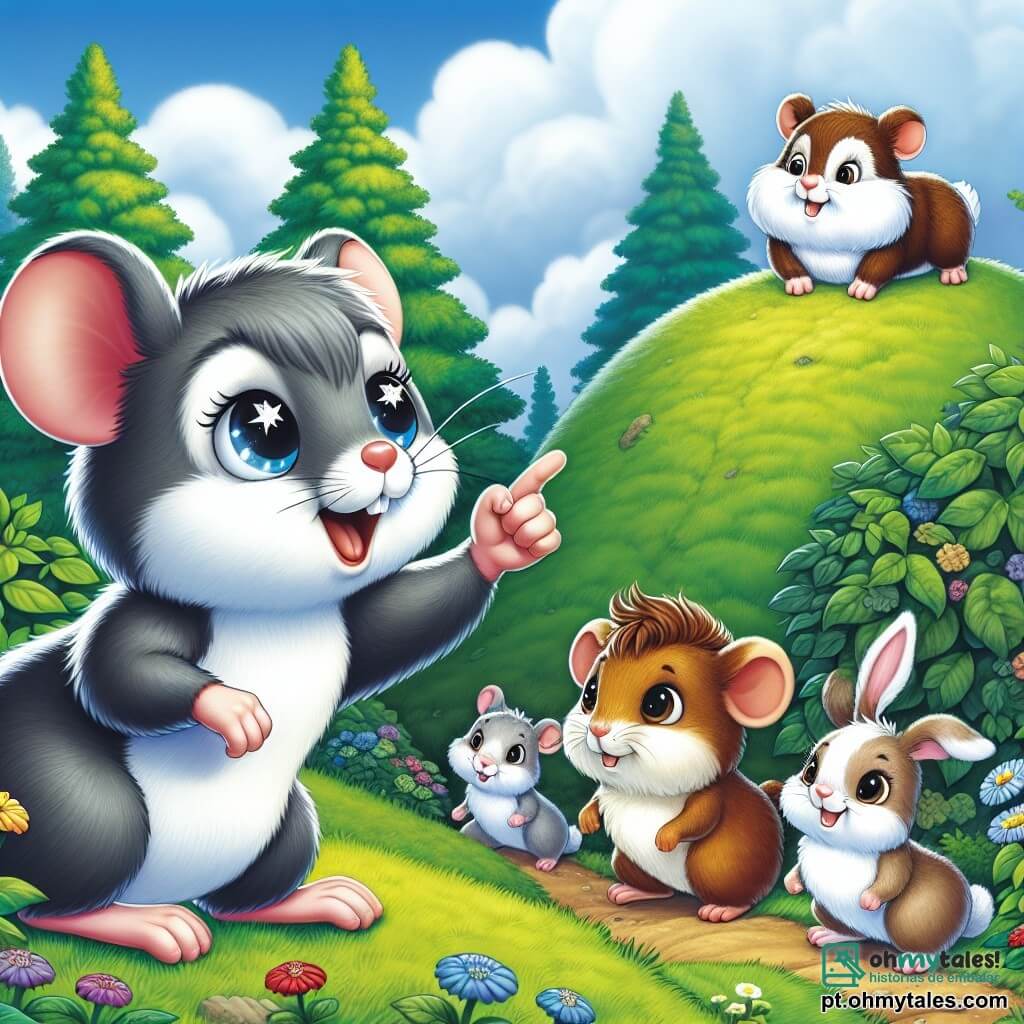 Um pequeno rato chamado Remy, com pelagem cinza suave e olhos brilhantes como estrelas, está corajosamente à beira de uma colina verdejante, exibindo uma expressão determinada em seu rosto. Ele estende uma pata em direção a um grupo de animais, encorajando-os a segui-lo. Ao seu lado, um grande porquinho-da-índia travesso com pelagem marrom e olhos redondos, chamado Boris, observa Remy com admiração, pronto para ajudá-lo nesta aventura. Um pouco mais adiante, uma linda coelha com grandes orelhas brancas, com um sorriso amigável, se prepara para seguir o grupo, ansiosa para participar da corrida. O cenário é uma floresta encantada, com árvores majestosas de folhas verdes vibrantes, flores coloridas espalhadas pelo chão e um céu azul claro salpicado de nuvens fofas. A cena principal mostra Remy, o pequeno rato, motivando seus amigos animais a formar uma corrente para superar uma colina íngreme, ilustrando a importância da amizade e do trabalho em equipe.