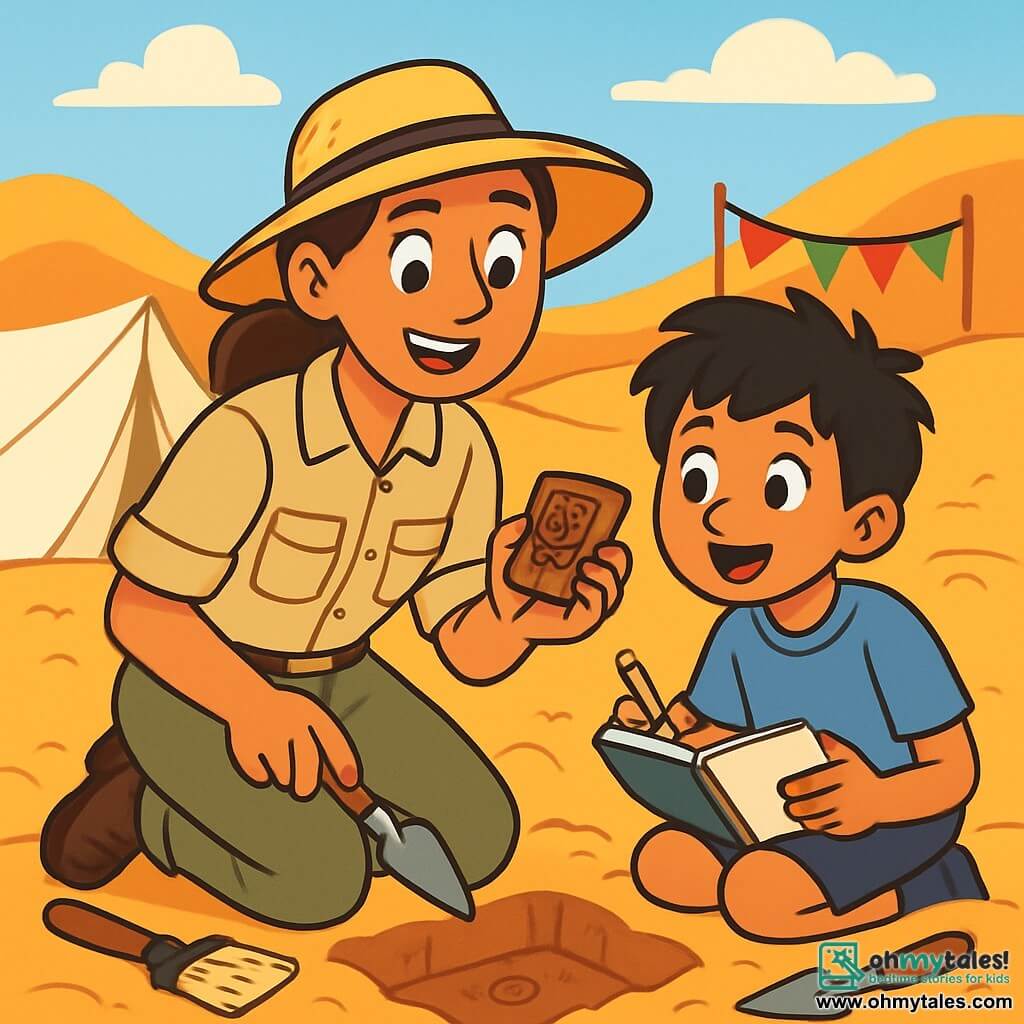 A female archaeologist, Dr. Maya Rao, is at the center of the image, with a look of wonder on her face. She wears a wide-brimmed straw hat, a beige shirt, and cargo pants, with her brown hair tied back in a ponytail. She is crouching, holding a trowel in one hand and a small piece of pottery in the other, her eyes shining with curiosity. Next to her is a boy named Ravi, about 10 years old, watching with fascination. He has messy black hair and wears a blue t-shirt and shorts. Ravi holds a sketchbook, ready to draw what he sees. The setting is an archaeological dig site in the Gujarat desert, with white canvas tents, colorful flags fluttering in the wind, and golden sand dunes stretching as far as the eye can see. Archaeological tools are scattered around them, and signs of digging are visible in the ground. The scene depicts Dr. Maya discovering an ancient clay seal, surrounded by fine sand, while Ravi takes notes, both immersed in the excitement of discovery.