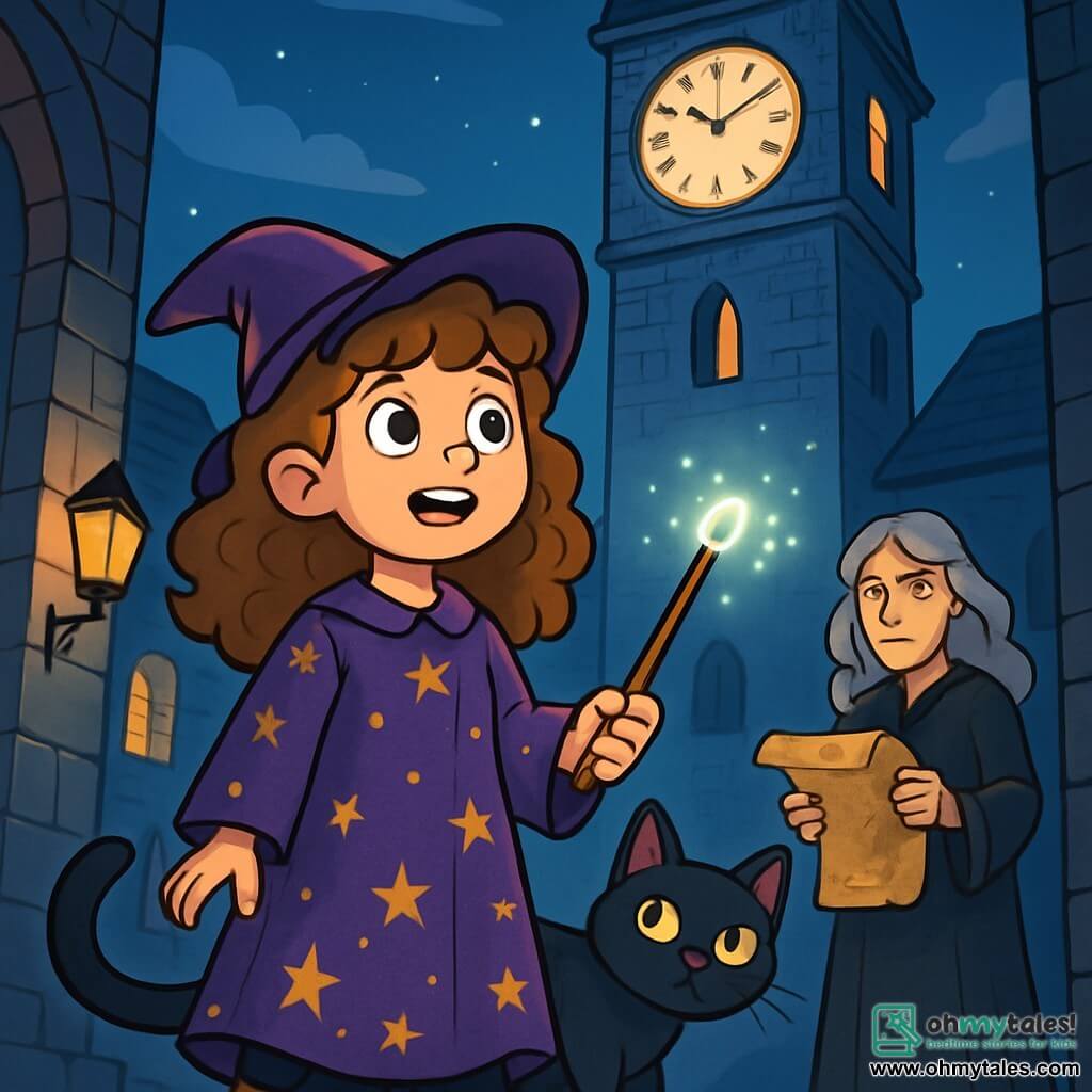 A young apprentice witch, Ivy Thistledown, stands at the foot of an imposing Clocktower, her eyes shining with excitement and apprehension. She has curly light brown hair and wears a purple velvet dress adorned with golden star patterns. In her hand, she holds a willow wand, sparkling with a luminous opal. Beside her, Bramble, her black cat with piercing green eyes, rubs against her leg, ready to accompany her on this adventure. In the background, Mistress Sable, a woman in her fifties with silver hair and a dark dress, watches Ivy with a serious expression, holding an ancient scroll map. The place is bathed in silver moonlight, the stone cobblestones are damp and shiny, and flickering lanterns cast dancing shadows on the Clocktower's stone walls. Ivy is preparing to take on an important challenge: to retrieve the stolen Heartstone, as time is running out and the fate of Wyrmbridge is at stake.