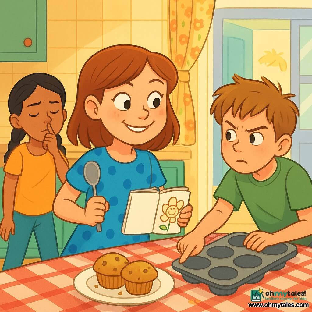 A mischievous 10-year-old girl, Mia, with rosy cheeks and bright eyes in a blue polka-dot dress holds an open sketchbook and a metal spoon, while Leo, about 9, tousled light-brown hair and a curious, squinting detective expression, leans over and points at an empty muffin tin to Mia's right; Zara, about 9 with black braided hair and a amused serious look, stands behind the table to Mia's left sniffing like she's searching for cinnamon; little Ollie, about 5 with blond hair, runs in the doorway in the background with hair in motion and an innocent expression; the bright kitchen has glossy surfaces, pale yellow tiles, a light wood table with a red-and-white checkered cloth, crumbs and two muffins left on a plate, and a sunny window with a floral curtain; the scene is joyful, colorful, with clean lines and simple shapes in a child-friendly vector style.