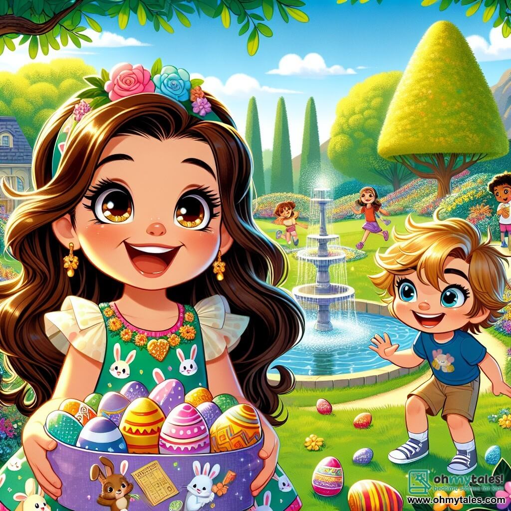 An 8-year-old girl, Lily, with long brown hair and sparkling eyes, is at the center of the image. She wears a colorful dress adorned with bunny patterns and holds a treasure map, displaying a big excited smile. Next to her, her 5-year-old brother Max, with messy blonde hair and a blue t-shirt, looks in wonder at a large box filled with chocolate eggs. The setting is a sunny park filled with vibrant flowers and lush trees. In the distance, a majestic oak tree and a pretty fountain can be seen where children are playing. The scene captures the moment Lily explains the rules of the Easter egg hunt to her friends, surrounded by colorful eggs hidden in the grass, while laughter and joyful shouts resonate around them.