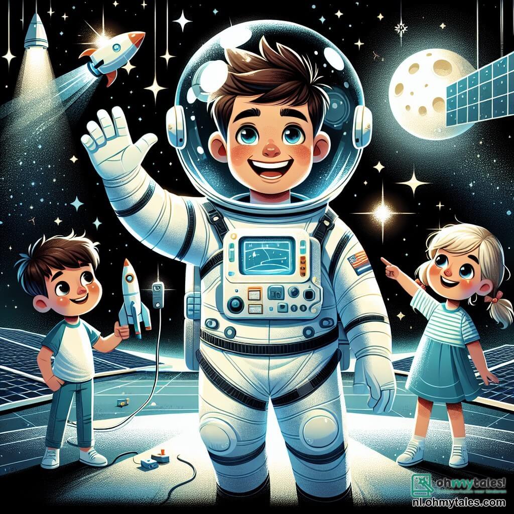 Een astronaut genaamd Tom, met een brede glimlach en sprankelende ogen, zweeft in de ruimte. Hij draagt een witte ruimtepakken met blauwe accenten en een doorzichtige helm die de sterren weerspiegelt. Tom maakt een vriendelijke handgebaar, alsof hij kinderen op aarde groet. Dichtbij kijken kinderen van verschillende leeftijden, een 8-jarig jongetje met rommelig bruin haar en een 7-jarig meisje met blonde vlechten, vol verwondering naar Tom. Het jongetje houdt een klein raketmodel vast, terwijl het meisje naar de sterren wijst, gefascineerd. De scène speelt zich af in de uitgestrektheid van de ruimte, met een zwarte achtergrond vol fonkelende sterren en een grote, stralende maan. Op de achtergrond is een futuristisch ruimtestation te zien, met zonnepanelen en knipperende lichten. Tom de astronaut zweeft vrolijk in de ruimte, groet de kinderen die hem vanaf de aarde observeren, wat een magisch moment van verbinding creëert tussen de ruimte en de nieuwsgierigheid van de kinderen.