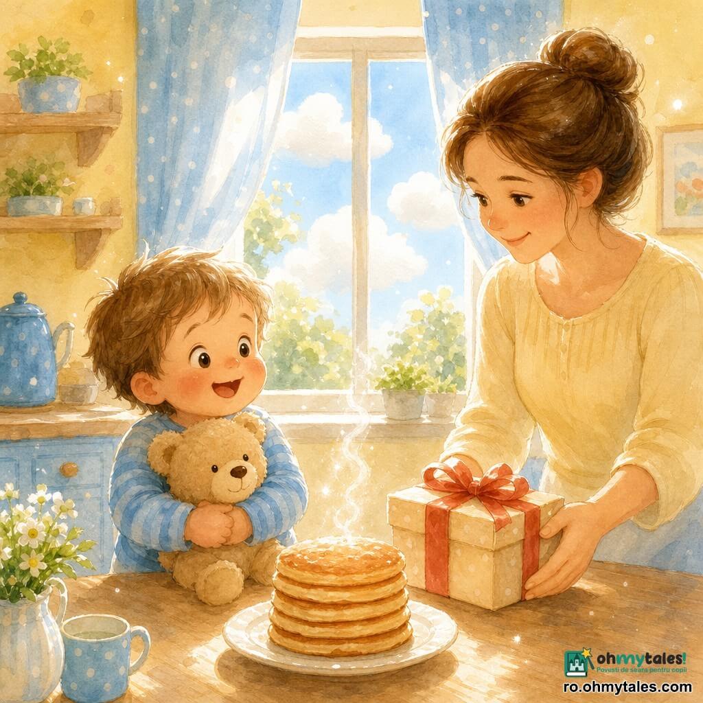 Un băiețel de 2 ani, păr șaten deschis zburlit, obraji roșii, privire uimită și zâmbet larg, ține un ursuleț de pluș bej la piept; mama de circa 30 de ani, păr brun prins în coc și chip blând, pune lângă el pe masă o cutie cadou cu fundiță roșie; pe masa din lemn deschis se află un mic tort sau clătite aburinde pe o farfurie albă; bucătăria luminoasă, pereți galben pal și fereastră cu perdele cu buline albastre, afară nori albi pufoși; scena înfățișează un dimineață de aniversare caldă și luminoasă.