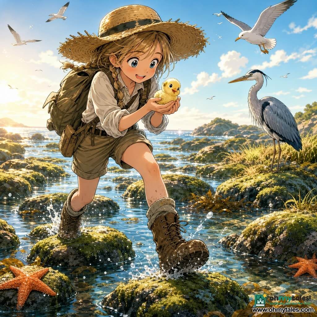 A young girl explorer, smiling yet focused, in an oversized straw hat, khaki backpack, rolled-sleeve shirt and muddy boots, carefully carries a small fluffy yellow chick while stepping across mossy rocks and shallow pools with clear sparkling water, orange starfish and brown seaweed; an adult gray-blue heron watches from marshy grass to the right as golden morning light creates reflections and tiny droplets around her cautious steps.