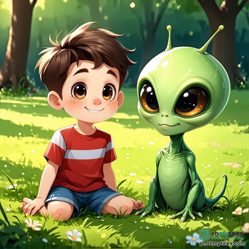 Um menino de 6 anos, Tico, com cabelos castanhos bagunçados e olhos brilhantes de curiosidade, está sentado na grama verde de um parque ensolarado. Ele usa uma camiseta vermelha listrada e um short azul, com um grande sorriso no rosto, mostrando seu encantamento. Ao seu lado, um extraterrestre chamado Zulu, que mede cerca de um metro de altura, tem pele verde brilhante, grandes olhos redondos e antenas que dançam alegremente. Zulu está segurando um prato de Flutu-Fru luminoso, com cores vibrantes que brilham sob o sol. O parque está cheio de flores coloridas, árvores majestosas com folhas douradas e uma pequena lagoa onde patos nadam tranquilamente. O céu é azul com algumas nuvens brancas fofas, e crianças brincam ao longe em balanços. A cena principal mostra Tico e Zulu compartilhando um piquenique alegre, rindo juntos enquanto saboreiam comidas de seus respectivos mundos, criando um momento mágico de amizade intergaláctica.