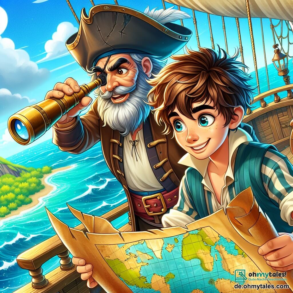 Ein alter Pirat, ein etwa 60-jähriger Mann mit einem struppigen grauen Bart und einem abgenutzten Piratenhut, steht auf dem Deck seines kleinen Schiffs "La fliegende Muschel". Sein Gesicht zeigt Entschlossenheit und Aufregung, während er mit einem alten Teleskop den Horizont absucht. Neben ihm steht ein 20-jähriger junger Mann namens Felix, mit zerzausten braunen Haaren und einem strahlenden Lächeln, der eine Schatzkarte hält und mit glänzenden Augen begeistert darauf zeigt. Der Ort ist ein tiefblaues Meer unter einem sonnigen Himmel mit ein paar weißen Wolken. In der Ferne zeichnet sich eine grüne Insel ab, umgeben von funkelnden Wellen und bunten Korallenriffen, die eine abenteuerliche Atmosphäre schaffen. Die Hauptsituation zeigt den Piraten und den jungen Mann, die sich auf ihre Schatzsuche vorbereiten, während das Schiff über die Wellen segelt, bereit, die Geheimnisse des Meeres zu entdecken und den legendären versteckten Schatz zu finden.