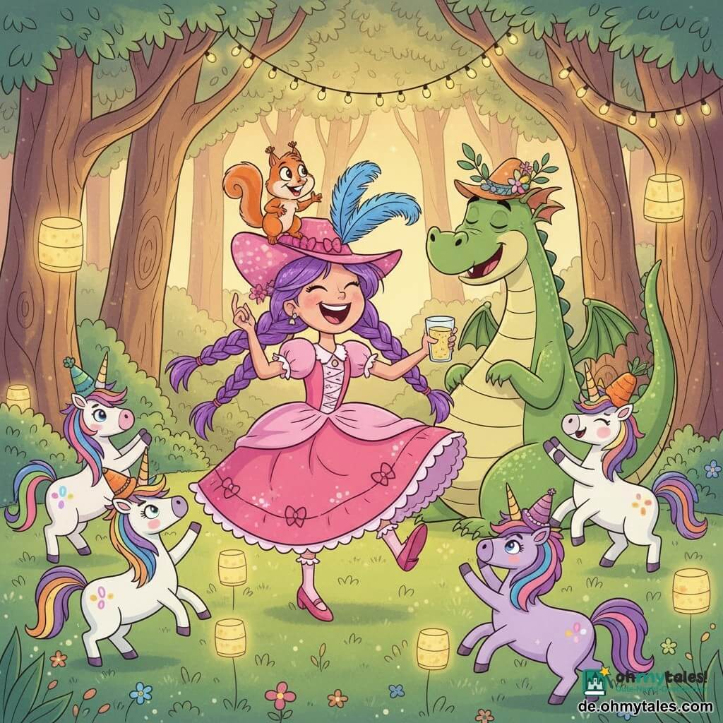 Prinzessin Lila, etwa 10 Jahre, fröhlich und schelmisch, violette Zöpfe, rosa Rüschkleid und Hut mit blauen Federn, lacht und tanzt in der Lichtung mit einem Glas Limonade; Kasimir, kleines sprechendes Eichhörnchen (Tier ~2 Jahre), rötlich, lebhafte Augen, sitzt am Hutrand und gestikuliert wie bei einem Witz; Drago, großer grüner Drache, männlich, glänzende Schuppen, vom Schlummer zum fröhlichen Ausdruck, trägt einen Hut aus Blättern und Blumen und rollt sich lächelnd hinter ihr; mehrere bunte Einhörner mit Regenbogenmähnen und lustigen kleinen Hüten (eines karottenförmig) umgeben die Gruppe, traben und klatschen mit den Hufen; Szene in einer Lichtung des Einhornwalds mit gedrehten Baumstämmen, pastellfarbenen Blättern, Lichterketten, grünem Gras mit leuchtenden Blumen und schwebenden Laternen; Hauptsituation: Hutparade und fröhlicher Tanz, festliche Stimmung, kräftige Farben, überzeichnete Bewegungen und gut lesbare Gesichtsausdrücke, kindlicher humorvoller Stil, warmes Spätnachmittagslicht.