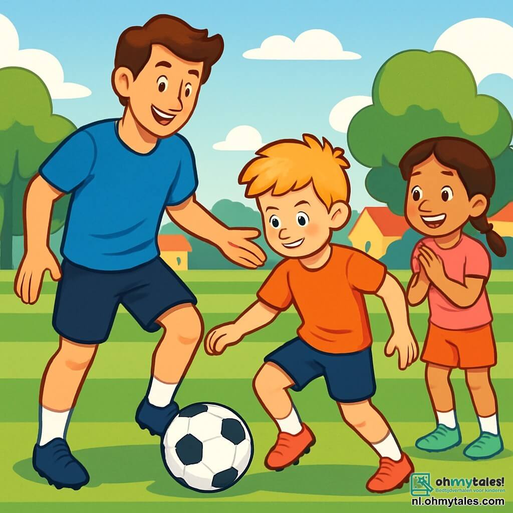 Een man, Mark, staat op een groen voetbalveld, straalt van vreugde en trots. Hij heeft lichtgolvend bruin haar, een warme glimlach en draagt een blauw voetbalshirt met een zwarte short. Hij laat de kinderen zien hoe ze met de bal moeten dribbelen, met een dynamische en betrokken houding. Naast hem probeert een jongen genaamd Tom, ongeveer 10 jaar oud, met zijn rommelige blonde haar en glinsterende ogen, om om Mark heen te dribbelen, geconcentreerd en vastberaden. Een meisje, Mia, ook 10 jaar oud, met bruine vlechten en een roze t-shirt, moedigt Tom aan met applaus. Het veld is omgeven door grote groene bomen, met een heldere blauwe lucht en enkele drijvende witte wolken. In de verte zijn gekleurde huizen van het dorp te zien. Deze scène vertegenwoordigt een moment van kameraadschap en leren, waar Mark de kinderen de basis van voetbal leert, allemaal lachend en vol energie, klaar om samen plezier te hebben.