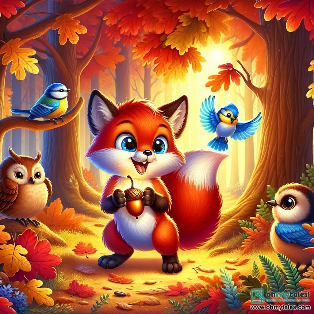 An illustration depicts a small, clever fox with bright red fur and a bushy tail, displaying a joyful and amazed expression. It stands on its hind legs, holding a shiny acorn in its small front paws, surrounded by colorful autumn leaves. Next to it, a cheerful blue tit with vibrant plumage and sparkling eyes flits around, singing happily. A wise owl with brown feathers and big round eyes perches nearby, observing the scene with a benevolent smile, ready to share its wisdom. The setting is an enchanted forest with majestic trees, their vibrant red, orange, and yellow leaves gently falling to the ground, which is carpeted with crunchy leaves. A soft ray of sunshine filters through the branches, creating a warm and welcoming atmosphere. The main scene shows the fox and its friends planting the shiny acorn in the ground, symbolizing friendship and the changing seasons. Sparkling streams wind through the landscape, and colorful mushrooms add a touch of magic to this autumn scene. Additional elements include decorative pumpkins, garlands of leaves, and a deep blue autumn sky dotted with fluffy white clouds, creating a festive and joyful atmosphere.