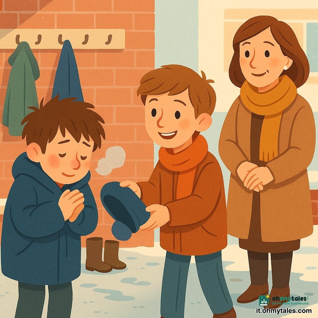 Un ragazzo di 10 anni, sollevato e timido, guance arrossate e naso intinto dal freddo, capelli castani spettinati, indossa un grande cappotto blu navy troppo largo e si infila un berretto di lana blu con banda grigia; è leggermente piegato in avanti, mani fredde strette, volto espressivo e occhi dolci. Un altro ragazzo di circa 10 anni, Marco, dall'aria generosa e rassicurante, capelli castano chiaro, sorride togliendosi il berretto e lo porge a Tommaso, stando accanto a lui leggermente indietro con le spalle rilassate. Una donna adulta, la maestra Elena, sui 30–40 anni, dal volto benevolo, con cappotto color cammello e sciarpa senape, osserva la scena a pochi passi con le mani giunte e postura incoraggiante. Ambientazione: cortile della scuola in inverno con suolo bagnato, piccole pozzanghere, orme nella neve sottile, stivaletti e cappotti appesi, muro di mattoni rossi e panca imbiancata di neve. Situazione principale: scambio caloroso nel cortile gelato — Marco offre il berretto a Tommaso che lo riceve sorridendo, contrasto tra l'aria fredda nei toni azzurri e il calore umano sui volti e nella sciarpa della maestra.