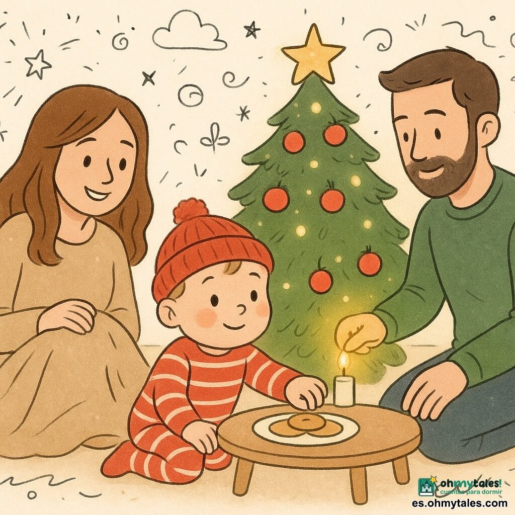 Un niño de 2 años, Leo, con mejillas redondas y rosadas, mira con asombro un árbol de Navidad iluminado. Lleva un pijama de rayas rojas y un gorro de lana. Su mamá, una mujer de unos 30 años con cabello castaño y una sonrisa cálida, está sentada a su lado, sosteniendo una manta suave. Ella está a la izquierda de Leo. Su papá, un hombre de unos 32 años con barba corta y un suéter verde, enciende una pequeña vela a la derecha de Leo. La sala es acogedora y está decorada para Navidad, con un gran árbol brillante adornado con bolas rojas y una estrella dorada en la cima. Guirnaldas luminosas centellean suavemente. La situación principal muestra a Leo extendiendo una galleta hacia un plato sobre una mesita, con una mirada curiosa y alegre.