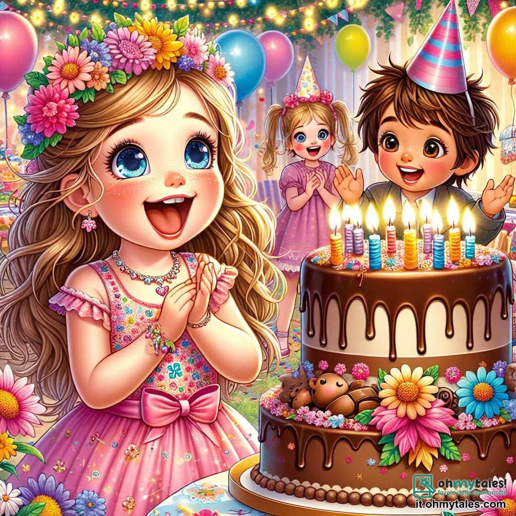 Una bambina di 6 anni, Sofia, con lunghi capelli biondi e occhi azzurri, brilla di gioia mentre soffia sulle candeline di una grande e deliziosa torta al cioccolato. Indossa un bel vestito rosa con motivi floreali colorati, e il suo viso è illuminato da un grande sorriso di eccitazione. Accanto a lei, il suo amico Marco, un ragazzo di 6 anni con capelli castani disordinati e occhiali rotondi, applaude con entusiasmo, i suoi occhi brillano di felicità. Giulia, un'altra amica di 6 anni, con capelli castani e due trecce, danza gioiosamente intorno a loro, indossando un cappello di festa colorato e ridendo. Lo sfondo è un giardino incantato, pieno di fiori multicolori che danzano al vento, con palloncini che fluttuano nell'aria e festoni di luci scintillanti appesi agli alberi. In lontananza, una grande tartaruga di cioccolato troneggia su un tavolo decorato con coriandoli. La scena principale mostra Sofia, circondata dai suoi amici, mentre soffia sulle candeline della sua torta di compleanno, mentre una luce magica scintilla attorno a loro, creando un'atmosfera festosa e gioiosa.