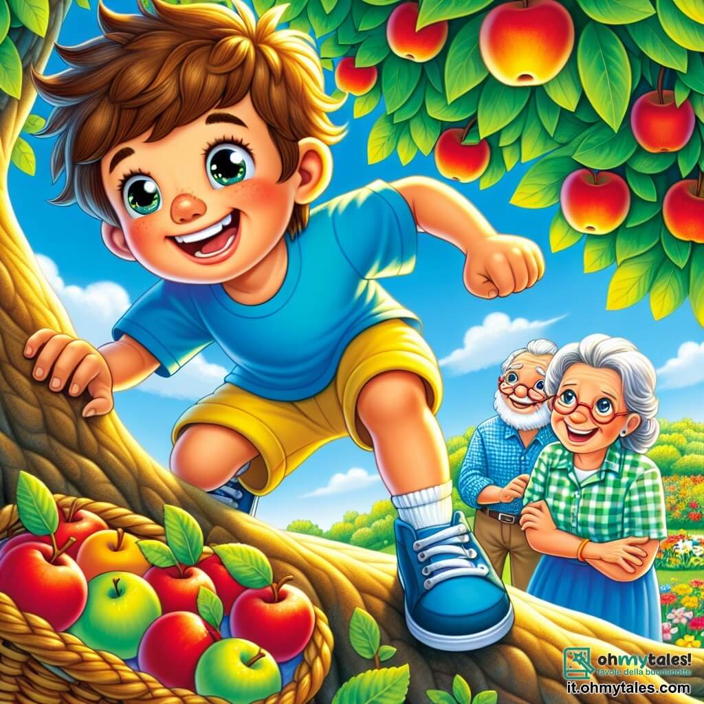 Un ragazzo di 6 anni, Lorenzo, con capelli castani disordinati e occhi pieni di curiosità, scala con entusiasmo un grande albero dalle foglie verdi brillanti. Indossa una maglietta blu vivace e un pantaloncino giallo, e il suo viso esprime una gioia contagiosa con un grande sorriso. Accanto a lui, la nonna, una donna anziana con capelli grigi raccolti e occhiali rotondi, lo incoraggia con un sorriso caloroso, tenendo un cesto pieno di mele rosse succose. In basso, il nonno, un uomo dal viso rugoso e dalla barba bianca, osserva con orgoglio, le braccia incrociate, indossando una camicia a quadri. Il luogo è un giardino soleggiato, pieno di fiori colorati e erba verde, con un cielo blu chiaro punteggiato di nuvole bianche soffici. La scena principale mostra Lorenzo che scala con eccitazione, pronto a scoprire il meraviglioso mondo che lo circonda, mentre i suoi nonni lo incoraggiano con amore.
