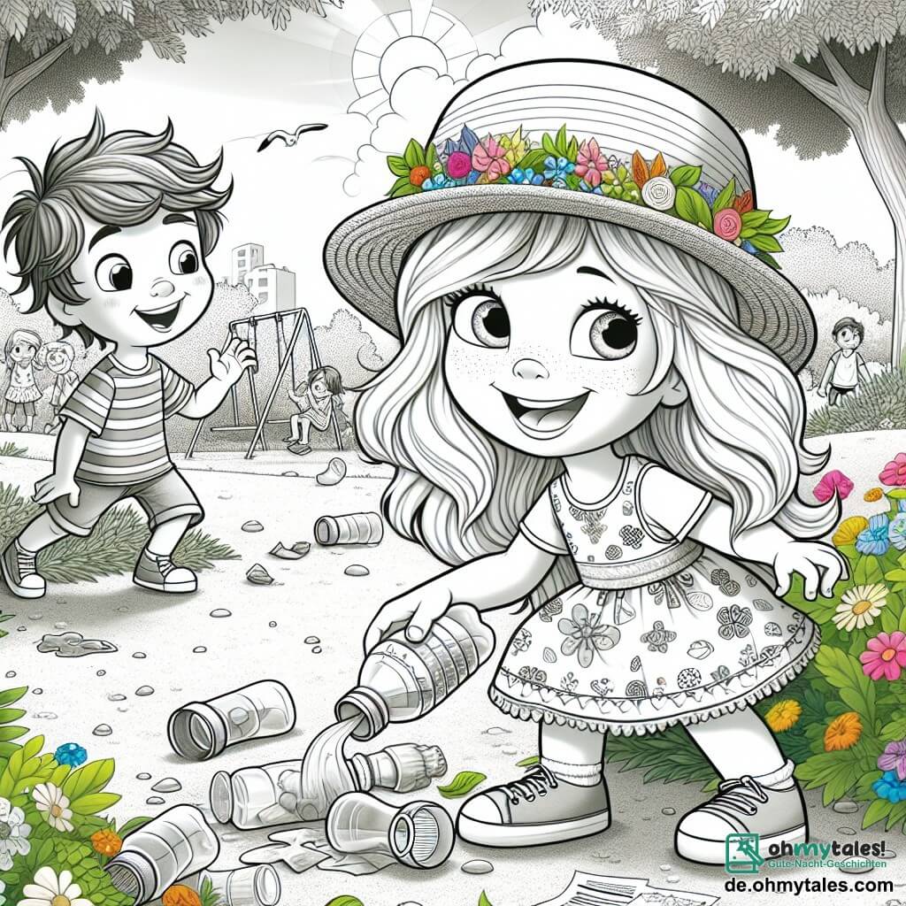 Ein kleines 6-jähriges Mädchen, Lilli, mit langen blonden Haaren und neugierigen Augen sammelt Müll in einem sonnigen Park. Sie trägt ein buntes Kleid mit Blumenmustern und einen kleinen Strohhut. Ihr Gesicht zeigt große Entschlossenheit und Freude, während sie eine Plastikflasche in der Hand hält. Neben ihr ermutigt ihr Freund Max, ein 6-jähriger Junge mit zerzausten braunen Haaren und einem gestreiften T-Shirt, sie mit einem breiten Lächeln. Er hockt sich und hebt ein Stück Papier auf, während er Lilli bewundernd ansieht. Der Park ist voller großer grüner Bäume, bunter Blumen und eines Kiesweges. In der Ferne spielen Kinder auf einer Schaukel und Vögel singen in den Ästen. Die Hauptsituation zeigt Lilli und Max in Aktion, entschlossen, ihre Nachbarschaft sauberer zu machen, umgeben von Müll, den sie in Kunstwerke verwandeln, was ihr Engagement für Ökologie und Naturschutz verdeutlicht.