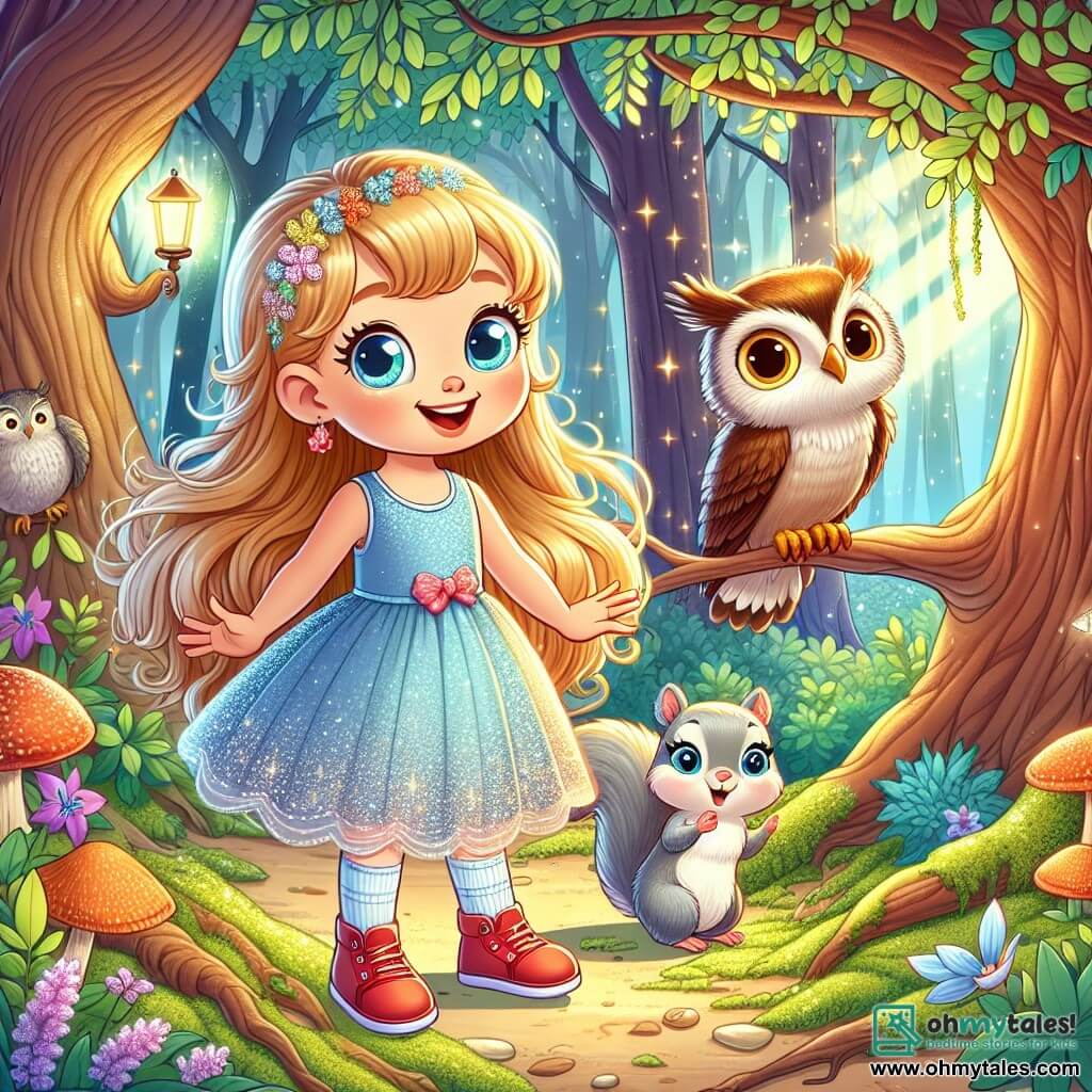 A 5-year-old girl named Lily, with long golden hair and sparkling curious eyes, stands at the center of the scene. She wears a pretty blue dress and red shoes, her face radiating joy and excitement as she smiles widely. Beside her is a small gray squirrel named Twinkle, with mischievous eyes, climbing a tree branch and pointing the way with a tiny paw. In the background, a wise old owl, Big Old Owl, with brown feathers and round eyes, watches them kindly from a branch of a majestic tree. 

The setting is an enchanted forest, where trees with shimmering leaves dance gently in the breeze, and colorful flowers bloom around them, creating a magical and bright atmosphere. Sunlight filters through the branches, casting soft shadows on the moss-covered ground.

The main situation shows Lily, full of enthusiasm, approaching a mysterious cave, where a glowing light catches her attention. She is ready to discover the Glimmering Stone, surrounded by the magic of the forest and her friends.