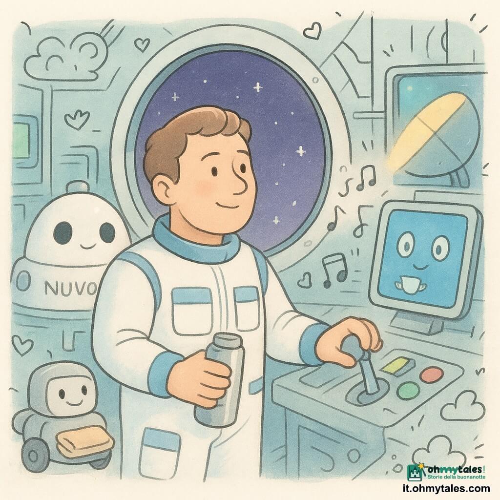 Un uomo di nome Luca, dal viso dolce e dalle mani larghe, guarda attraverso un grande oblò rotondo con espressione serena e un leggero sorriso; indossa una tuta spaziale bianca con dettagli blu e tasche e tiene un piccolo thermos metallico lucido. A destra del cruscotto l'IA di bordo AIDA è rappresentata come uno schermo flottante con bordi arrotondati, occhi luminosi blu e un'icona di tazza da tè, emettendo lievi onde e note musicali. Dietro Luca si intravede la navetta NUVOLA, bianca e tondeggiante, con oblò scuri e pulsanti colorati sul pannello. A sinistra un piccolo robot di servizio grigio chiaro, grande quanto un gatto, porta una coperta piegata; ha ruote e un sorriso dipinto sulla scocca. La scena si svolge nella sala di controllo della stazione spaziale Aurora: pareti metalliche morbide, pannelli luminosi verdi e blu, cavi ordinati e sullo sfondo un grande specchio solare inclinato che riflette un sottile raggio dorato. Luca sta regolando delicatamente una leva del pannello per riallineare lo specchio solare mentre un piccolo schermo mostra valori che passano da 17 a 20; atmosfera calma, colori pastello, stelle visibili dall'oblò e piccoli disegni di cuori e stelle intorno ai personaggi.