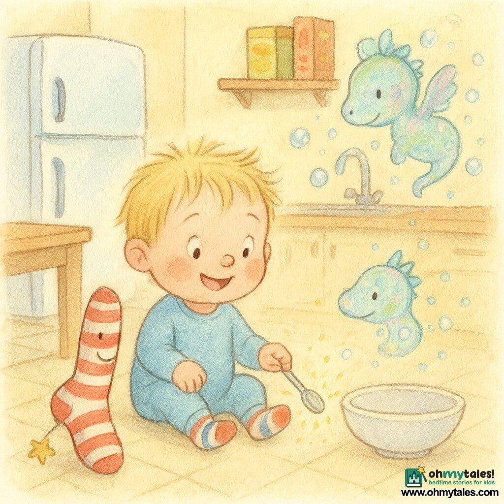 A smiling, wide-eyed 2-year-old boy named Max with tousled blond hair and rosy cheeks sits in the center of a cozy, sunlit kitchen wearing a pale blue onesie and striped socks; he taps a shiny teaspoon on the floor and sends out tiny animated golden sparks that awaken Sir Sock, a white-and-red striped talking sock with a stitched smile and a star-fiber on its heel standing like a knight to his left and pointing at a large empty bowl, while a translucent iridescent soap-bubble dragon with a foamy crest floats above the sink to the right, releasing small bubbles like confetti; the scene is whimsical and comforting with light contrasts, patterned beige tile floor, light wood table, an ajar white fridge emitting a pale blue chill, colorful cereal boxes on shelves and a silver kettle on the stove.