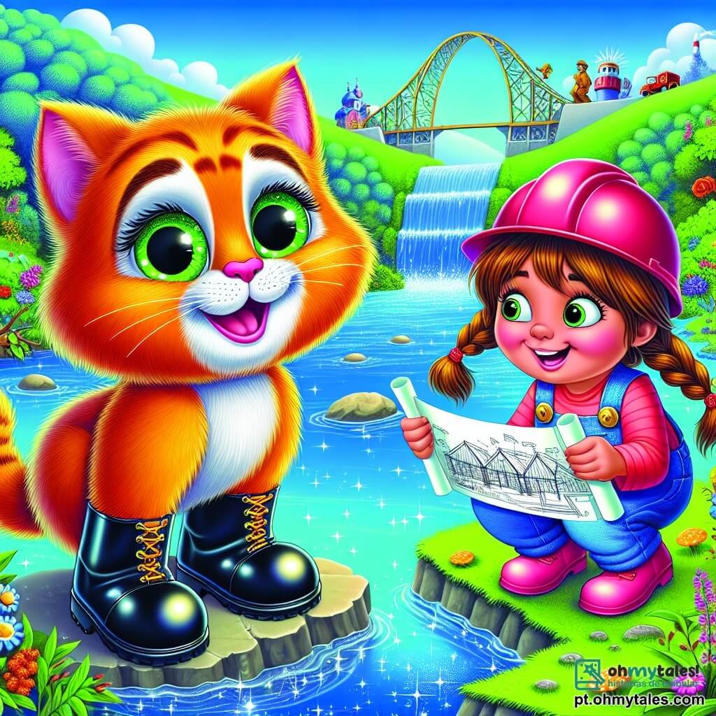 Um Gato de Botas travesso, com pelagem laranja vibrante e botas pretas brilhantes, está em uma pedra à beira de um rio cintilante. Seus grandes olhos verdes brilham de curiosidade e entusiasmo. Ao seu lado, uma menina de 10 anos, chamada Mariana, com cabelos castanhos trançados e usando um capacete de obra rosa, observa atentamente um plano de construção que segura nas mãos. Ela sorri com determinação, pronta para realizar seus sonhos. Ao fundo, uma paisagem encantadora se desenrola: colinas verdes, flores coloridas e um céu azul salpicado de nuvens brancas fofas. A cena principal mostra o Gato de Botas e Mariana, unidos em sua busca por igualdade, conversando alegremente sobre seus planos de construir pontes para unir as pessoas.