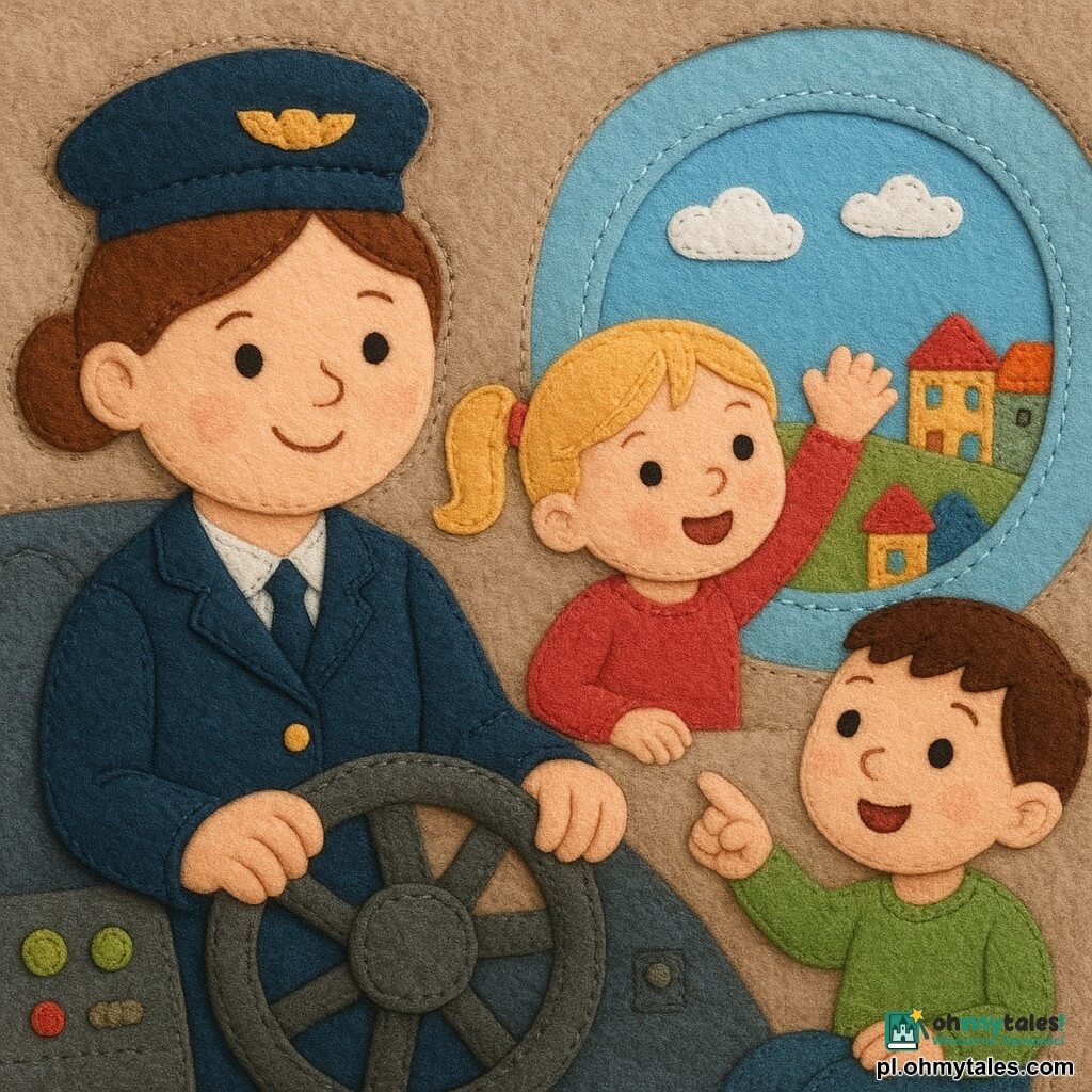 Uśmiechnięta pilotka o okrągłej twarzy, brązowe włosy związane w koczka, granatowy mundur z złotymi guzikami, ręce na dużej kierownicy kokpitu, spojrzenie pewne i życzliwe; dziewczynka Zosia ok. 4 lat, blond włosy w kitce, rozradowana i zachwycona, siedzi przy oknie, macha ręką na zewnątrz; chłopiec Franek ok. 6 lat, krótkie brązowe włosy, szeroko otwarte oczy, siedzi obok Zosi i wskazuje palcem miniaturowe domki widoczne przez okno; kokpit i kabina przedstawione jako warstwy tkanin: haftowane tablice przyrządów z przyszytymi guzikami, zielone wskaźniki z koralików, okrągłe okna z filcu; niebo przez OKno jasnoniebieskie, małe białe chmurki z waty, kolorowe domki poniżej jak patchwork; sytuacja: pilotka przygotowuje start, samolot zaczyna się unosić, radosna i bezpieczna atmosfera, pewne, spokojne gesty, dzieci spokojne i zachwycone.