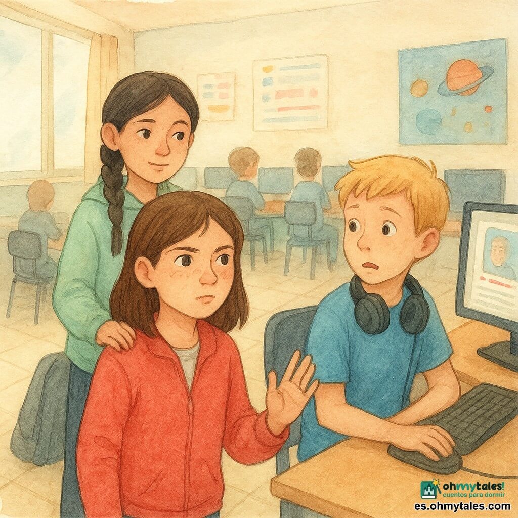 Hay 3 personajes: Inés, niña de 12 años, pelo castaño oscuro medio, pecas, chaqueta roja clara, de pie en primer plano junto a un ordenador, mirada decidida y mano levantada como para hablar con calma a Hugo; Mara, niña de 12 años, pelo negro en trenza, muleta apoyada en su silla, sudadera verde menta, sentada o semi de pie detrás y a la izquierda de Inés, expresión amable y solidaria mirando a Hugo; Hugo, niño de 12 años, pelo rubio corto, camiseta azul, sentado ante un ordenador a la derecha del encuadre con auriculares al cuello, rostro sorprendido y algo avergonzado, en la pantalla se ve el cursor y una miniatura de un vídeo burlón. Ambiente: sala de informática escolar con filas de mesas y ordenadores, sillas de plástico, posters coloridos, luz suave por una gran ventana a la izquierda y suelo de baldosas; situación: escena calmada y tensa: Inés dice con voz serena que un vídeo es hiriente, Mara la apoya en silencio y Hugo baja el volumen mientras otros alumnos al fondo se vuelven, curiosos pero respetuosos; paleta: acuarela en tonos pastel cálidos (rojo, menta, azul) con lavados suaves y trazos delicados.