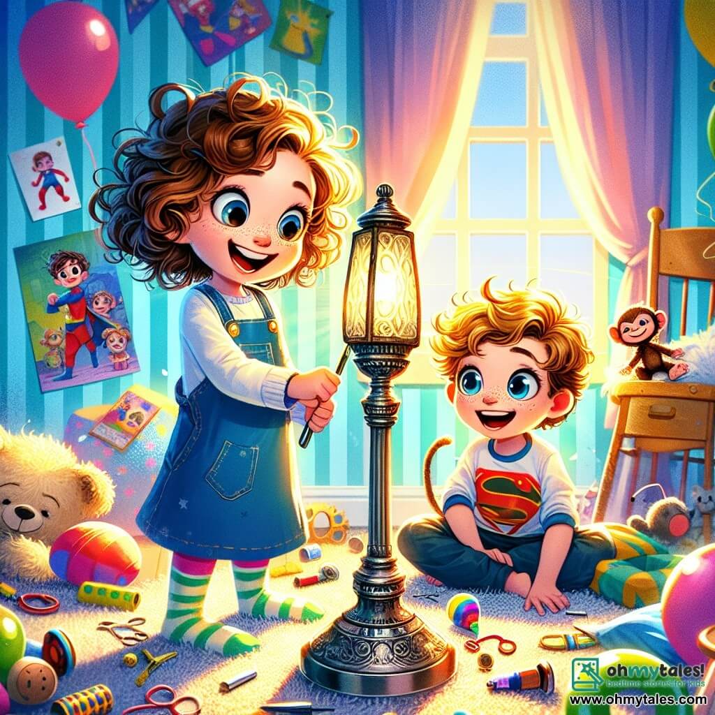 A 10-year-old girl, Lucy, with curly brown hair and a big amazed smile, is sitting on the floor in a messy room, surrounded by scattered toys and colorful cushions. Next to her, her twin brother, Max, also 10, with messy blonde hair and sparkling eyes, holds a shiny old metal lamp post, looking curious and excited. The room is filled with soft light, with pastel blue walls and superhero posters hanging. A large fluffy rug covers the floor, and a sunbeam brightens the scene, creating a warm and joyful atmosphere. In this main situation, Lucy and Max are discovering a mysterious lamp post, surrounded by colorful balloons floating in the air, while a mischievous little monkey, Charlie, hangs onto the curtain rod, ready to cause trouble.