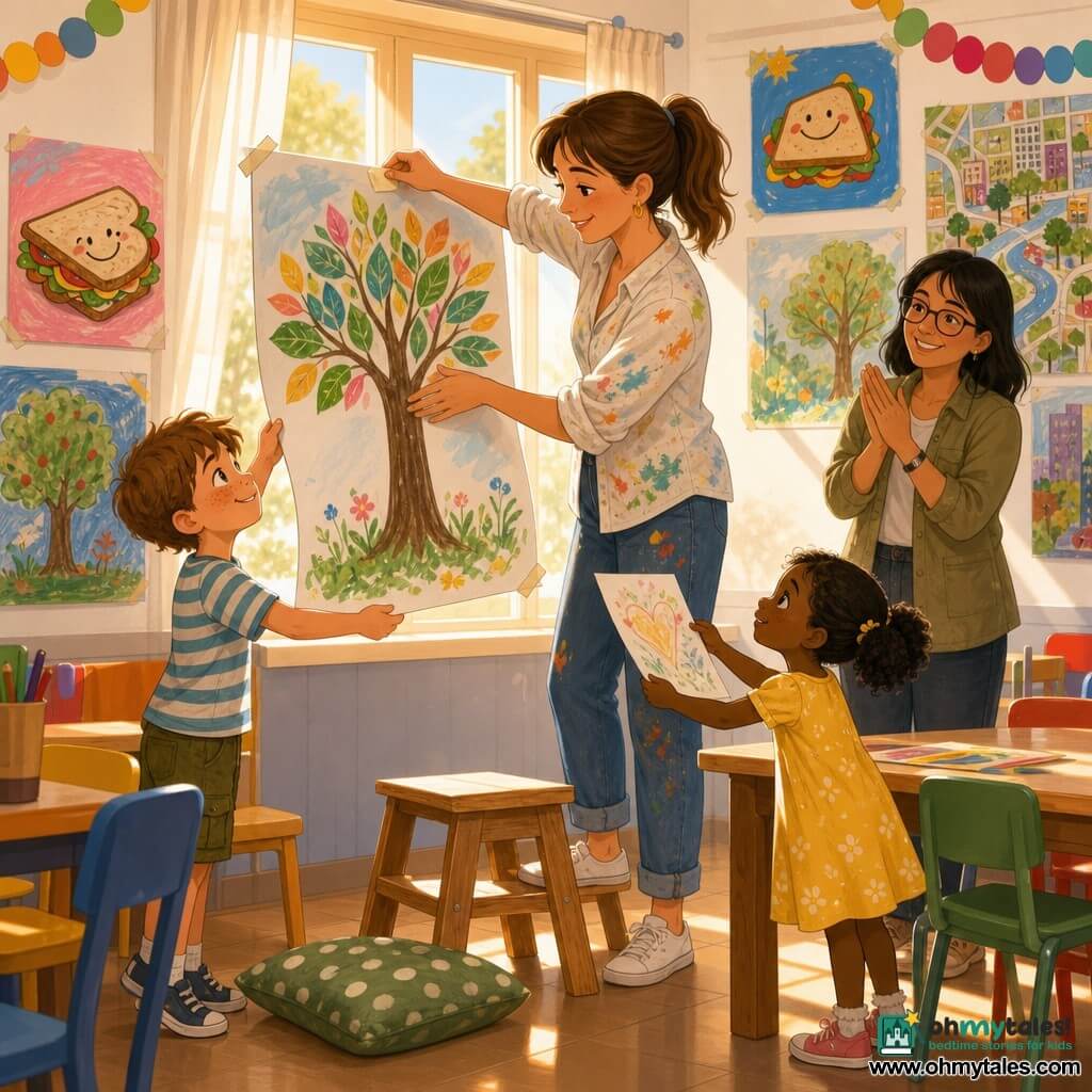 Adult woman Maya, about 35, brown hair in a ponytail, paint-stained smock, gentle focused smile, standing on a small wooden step stool holding a large colorful tree drawing while applying tape; boy about 7 with freckles and a striped T-shirt stands on tiptoe left of Maya helping hold the lower corner; shy 5-year-old girl with pigtails in a yellow dress offers a pencil drawing from a table on the right; adult teacher about 30 with glasses and a khaki jacket stands behind Maya near a window smiling and softly applauding; setting: sunlit school cafeteria with large windows and light curtains, long light-wood tables, colorful chairs, white walls decorated with bright drawings and paper garlands; main action: Maya carefully hangs a series of drawings at the window edge with children assisting, warm collaborative atmosphere, visible precise gestures (taping, smoothing corners) and a small stool and cushion on the floor for back comfort.