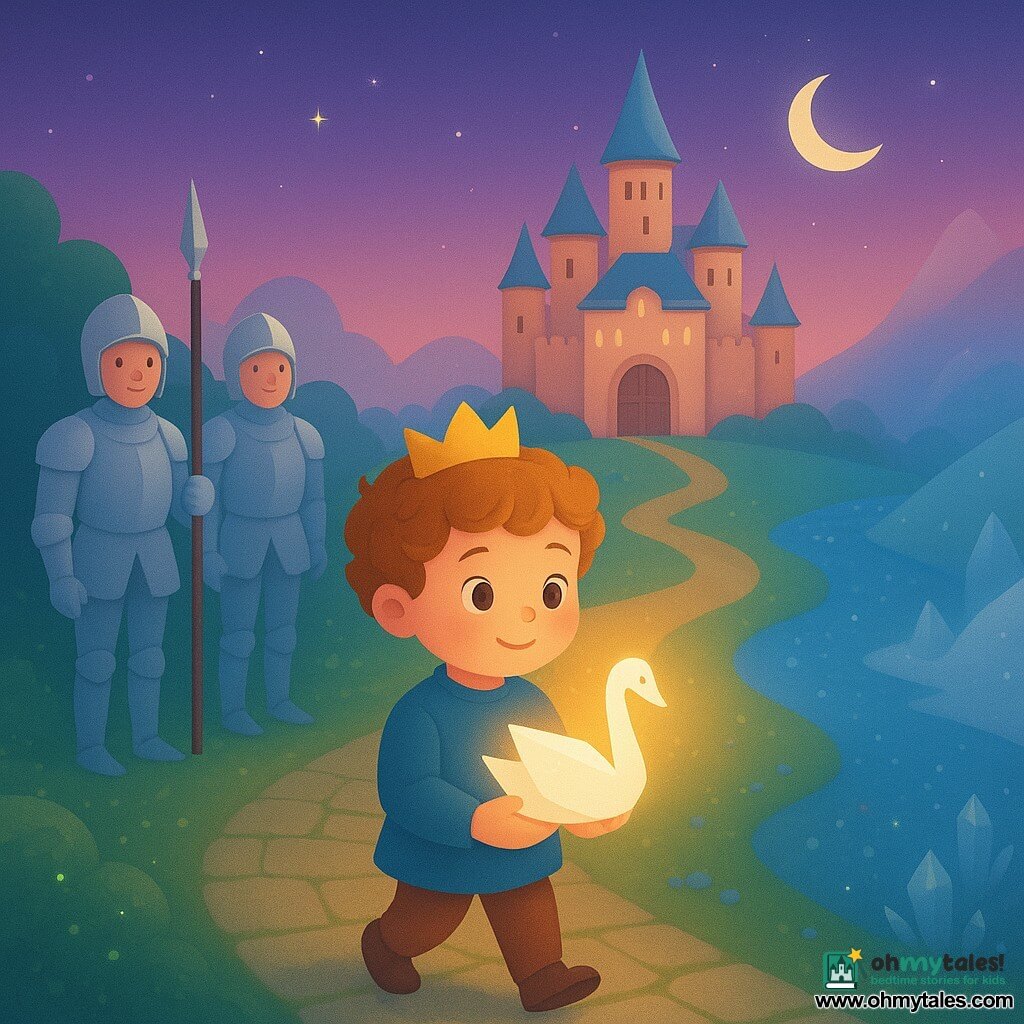 A little prince (boy), about 4, round face, light chestnut curly hair, large curious eyes and a gentle concentrated smile, holds a glowing letter folded like a swan against his chest while a small bright paper swan-letter floats above his hand as he walks toward three shimmering paths: a mossy forest path with emerald sparkles to the left, a lake path lined with bluebells and water reflections in the center, and a misty mountain path with bright crystals to the right; two guards in polished silver armor stand in the left background with hands on their lances and kind expressions, the courtyard paved with ancient mossy stones, a castle behind with towers and silver roofs reflecting the moon and large carved wooden doors open, a soft violet twilight sky with early stars, overall a gentle magical discovery mood with saturated pastels, smooth textures and rounded shapes suited for young children.