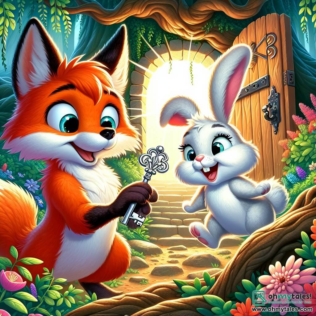 A fox named Felix, with bright orange fur and a bushy tail, looks on with sparkling eyes of excitement, holding a shiny key in his front paws. Next to him, Bella, a small bunny with big ears and white fur, joyfully hops, her nose twitching with enthusiasm. They are in front of an ancient wooden door, hidden in the roots of a majestic oak tree, surrounded by colorful flowers and rays of sunlight filtering through the leaves. The scene exudes an atmosphere of adventure and mystery as Felix and Bella are about to discover the hidden treasure behind the door.