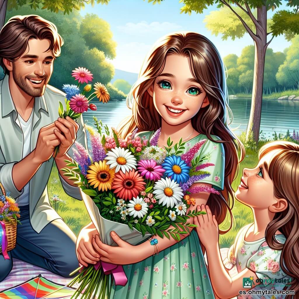 Una niña de 8 años, con largos cabellos castaños y ojos brillantes de alegría, sostiene un ramo de flores coloridas en sus manos. Lleva un vestido ligero con flores, y su rostro irradia emoción y amor. A su lado, su mamá, una mujer de unos 35 años con cabello castaño y una cálida sonrisa, está sentada sobre una manta de picnic, admirando el ramo con lágrimas de felicidad en los ojos. El papá, un hombre de unos 40 años con barba suave y gafas, está detrás de ellos, sonriendo orgullosamente y sosteniendo una cometa colorida lista para ser lanzada. El lugar es un parque verde, lleno de grandes árboles con hojas brillantes y flores silvestres que bailan al viento. Un lago brillante se encuentra al fondo, reflejando el cielo azul y las nubes blancas. La situación principal muestra a la niña ofreciendo su ramo a su mamá por el Día de la Madre, rodeada de risas y amor, mientras el sol brilla suavemente, creando una atmósfera cálida y alegre.