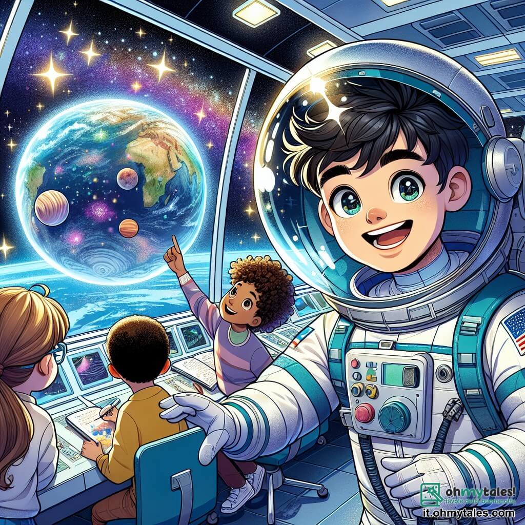 Un astronauta di nome Marco fluttua con un grande sorriso sul viso, gli occhi scintillanti di eccitazione. Indossa una tuta spaziale bianca e blu, con un casco trasparente che riflette le stelle. Marco è circondato da bambini di età compresa tra 8 e 10 anni, tutti meravigliati dalla bellezza dello spazio. Luca, un ragazzo con capelli ricci e occhiali, indica un pianeta colorato attraverso la finestra, mentre Sofia, una ragazza con trecce e un grande sorriso, tiene un piccolo quaderno per prendere appunti. Si trovano nel modulo di controllo della stazione spaziale, dove schermi luminosi mostrano dati e immagini della Terra. Il luogo è una sala futuristica della stazione spaziale "Stella Infinita", con muri argentati e finestre panoramiche che offrono una vista mozzafiato sull'universo. Marco spiega ai bambini le meraviglie dello spazio, mostrando loro come gli astronauti vivono e lavorano in assenza di gravità, condividendo la sua passione per l'esplorazione spaziale.