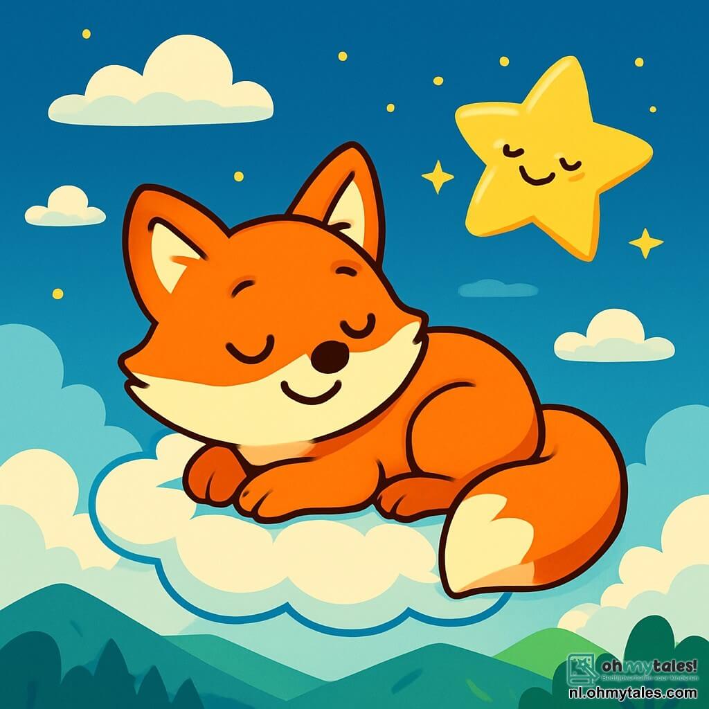 Een kleine vos met feloranje vacht, grote glanzende ogen en een serene glimlach ligt op een zacht, katoenachtig wolkje, met zijn pootjes onder zich gevouwen. Hij lijkt vredig en ontspannen, ademend in een rustig tempo, met een gelukkige uitdrukking op zijn gezicht. Naast hem zweeft een kleine gouden ster, glimlachend en fonkelend, in de lucht, die de scène verlicht met zijn zachte licht. Ze lijkt vrolijk en waakt over de vos, terwijl ze zachtjes om hem heen danst. De lucht is diepblauw, bezaaid met witte, pluizige wolken, terwijl daaronder groene bergen en weelderige bossen zich uitstrekken tot aan de horizon. De scène is rustig en kalmerend, met pastelkleuren die sereniteit oproepen. De vos laat zich wiegen door de zachtheid van zijn wolk, ademend in alle rust, terwijl de ster op hem waakt, wat een dromerige en rustige sfeer creëert.