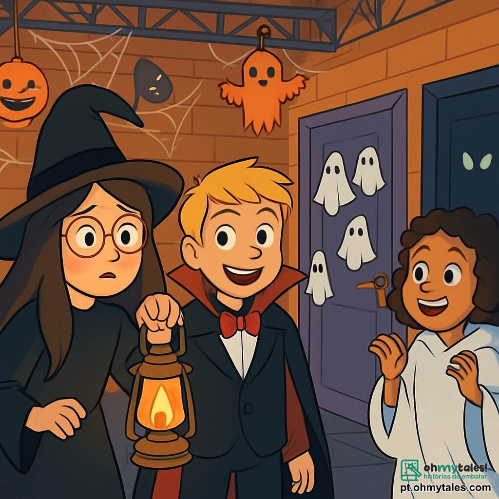 Uma menina de 12 anos, Sofia, com longos cabelos castanhos e óculos redondos, usa um vestido de bruxa preto com um chapéu torto. Ela tem uma expressão curiosa e um pouco preocupada, segurando uma lanterna que ilumina seu rosto. Ao lado dela, Lucas, um garoto de 12 anos com cabelos loiros bagunçados, sorri entusiasticamente, vestido de vampiro. Mariana, uma menina de 12 anos com cabelos cacheados e uma capa de fantasma, está um pouco atrás, com os olhos brilhando de excitação. A cena acontece em um ginásio transformado em castelo assombrado, com teias de aranha nas paredes, lanternas tremulantes e decorações de monstros de papel penduradas no teto. Sofia, Lucas e Mariana estão diante de três portas misteriosas, cada uma decorada de maneira única: uma com aranhas de plástico, outra com fantasmas de tecido e a última com olhos brilhantes. Eles se preparam para escolher uma porta e começar sua aventura assustadora e doce.