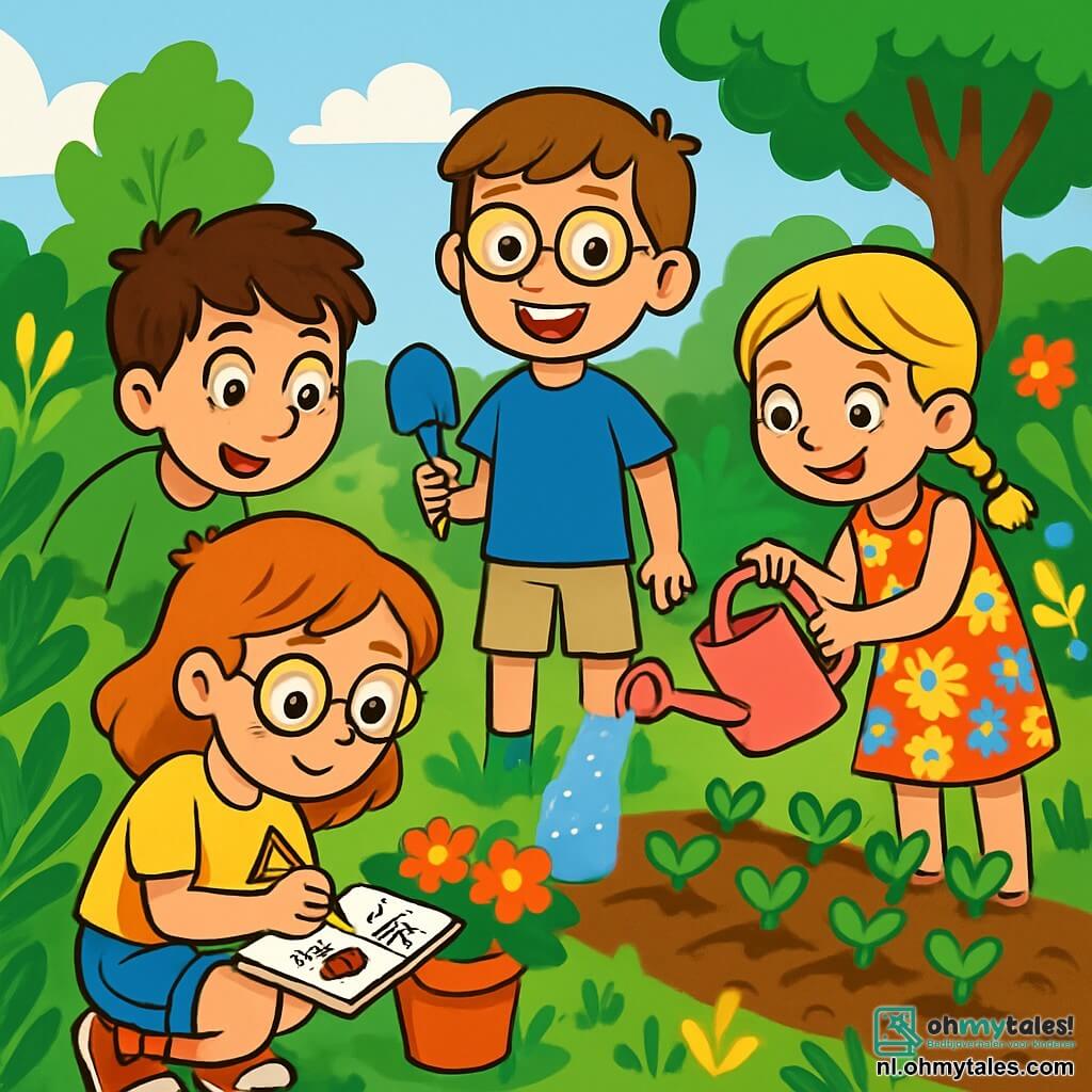 Er zijn 4 kinderen: - Sam: een 11-jarig jongen met kastanjebruin haar en ronde bril. Hij draagt een blauwe t-shirt en een beige short, en houdt een kleine plastic schep vast. Hij staat in het midden, enthousiast lachend. - Noor: een 8-jarig meisje met gevlochten blond haar en een kleurrijke bloemenjurk. Ze staat rechts van Sam en giet water op een plant met een roze gieter. - Daan: een 10-jarig jongen met messy bruin haar en een groene t-shirt. Hij staat links van Sam en kijkt verwonderd naar een kleine lieveheersbeestje op een blad. - Zoë: een 9-jarig meisje met rood haar en een bril. Ze draagt een gele t-shirt en een spijkerbroek, en zit voor een bloempot, insecten tekenend in haar notitieboek. De locatie is een mooie zonnige tuin, vol met weelderige groene planten, kleurrijke bloemen en een groot stuk aarde waar de kinderen groenten hebben geplant. Er is een blauwe lucht met enkele donzige witte wolken en een grote boom op de achtergrond die schaduw biedt. De situatie toont de kinderen die samen in de tuin werken, lachend en elkaar helpend met het water geven van de planten en het observeren van insecten. De sfeer is vrolijk en levendig, wat de geest van vriendschap en samenwerking tijdens hun zomervakantie illustreert.