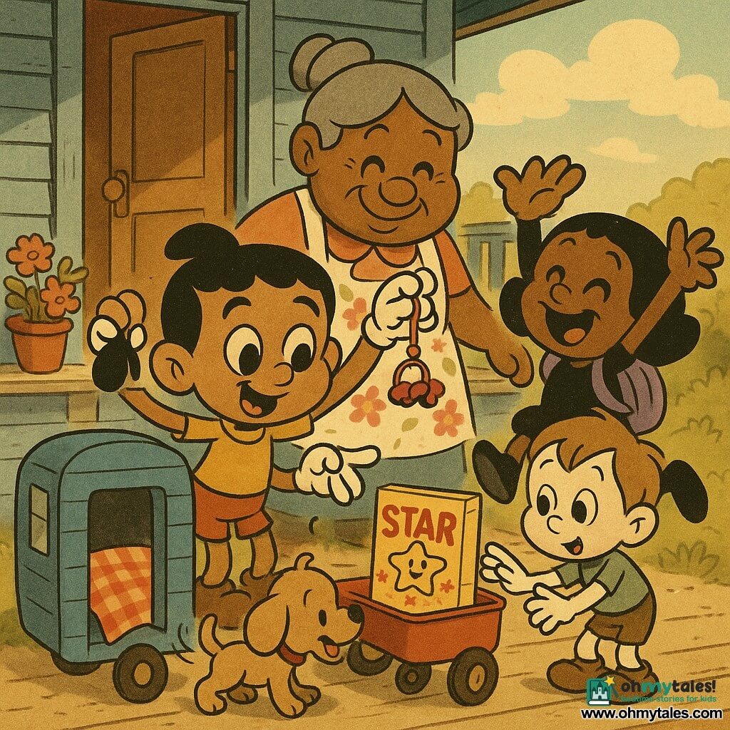 A proud, wide-eyed 4-year-old boy, Leo, holds a red keychain with a toy car and points at a starry cereal box in a small trailer; a kindly elderly grandmother with gray hair in a bun and a floral apron stands behind him with a hand on his shoulder; a joyful 4-year-old girl, Mia, with a bob and a purple backpack jumps nearby, and a shy small boy, Sam (3–5), reaches toward the cereal from beside a blue wooden trailer; a light-brown dog, Biscuit, sniffs a trailer wheel; the scene is on the worn wooden steps of a blue house with potted flowers, a red-and-blue trailer with a checkered cover, and a sunny sky, showing the happy discovery of the starry cereal box in a warm, retro cartoon style with thick outlines suitable for toddlers.