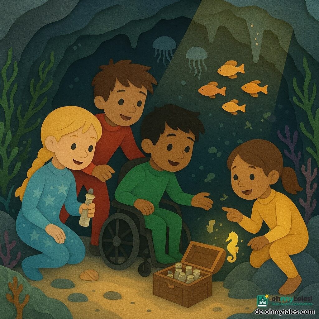 Vier Kinder: Leni (ca. 9) mit geflochtenen blonden Haaren in hellblauem Taucheranzug mit Seesternmuster kniet links vor einer geöffneten Holzkiste und hält eine kleine Flasche mit Pergament; Max (ca. 9) mit zerzausten braunen Haaren im roten Anzug steht leicht hinten rechts von Leni, schiebt vorsichtig Pauls Schwimmstuhl und staunt; Paul (ca. 9) mit schwarzen Haaren im grünen Anzug sitzt im schwimmenden Stuhl, reicht nach den Flaschen; Mia (ca. 8) mit hellbraunen Zöpfen im gelben Anzug hockt rechts am Felsen und zeigt auf einen Schwarm leuchtender Seepferdchen, die sie führen. Schauplatz: große Unterwasserhöhle mit strukturierten Felswänden, phosphoreszierenden grünen und violetten Algen, perlmuttfarbenen Muscheln und mit Perlen bedeckten Stalaktiten; klares Wasser mit goldenen Lichtstrahlen von der Oberfläche. Szene: Die Kinder erforschen die Kammer und öffnen eine alte Holzkiste voller kleiner Flaschen mit Pergamenten; durchsichtige Quallen und bunte Fischschwärme schweben friedlich und schaffen eine magische, fröhliche Atmosphäre.