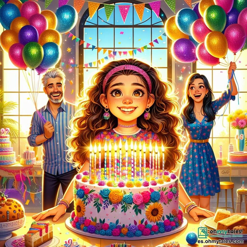Una niña de 12 años, Lucía, con cabello rizado y ojos brillantes de alegría, está en el centro de una habitación decorada para su cumpleaños. Lleva un vestido colorido con motivos de flores y una sonrisa radiante. A su lado, su mamá, una mujer de unos treinta años con cabello largo y negro, sostiene un gran pastel de cumpleaños decorado con doce velas brillantes. Su papá, un hombre jovial con barba ligera y gafas, está justo detrás, sosteniendo globos de colores que flotan alegremente en el techo. La habitación está llena de guirnaldas multicolores, globos flotantes y una gran mesa con dulces. Lucía, rodeada de su familia, está a punto de soplar las velas de su pastel, con los ojos brillantes de emoción y felicidad, lista para hacer un deseo mágico.