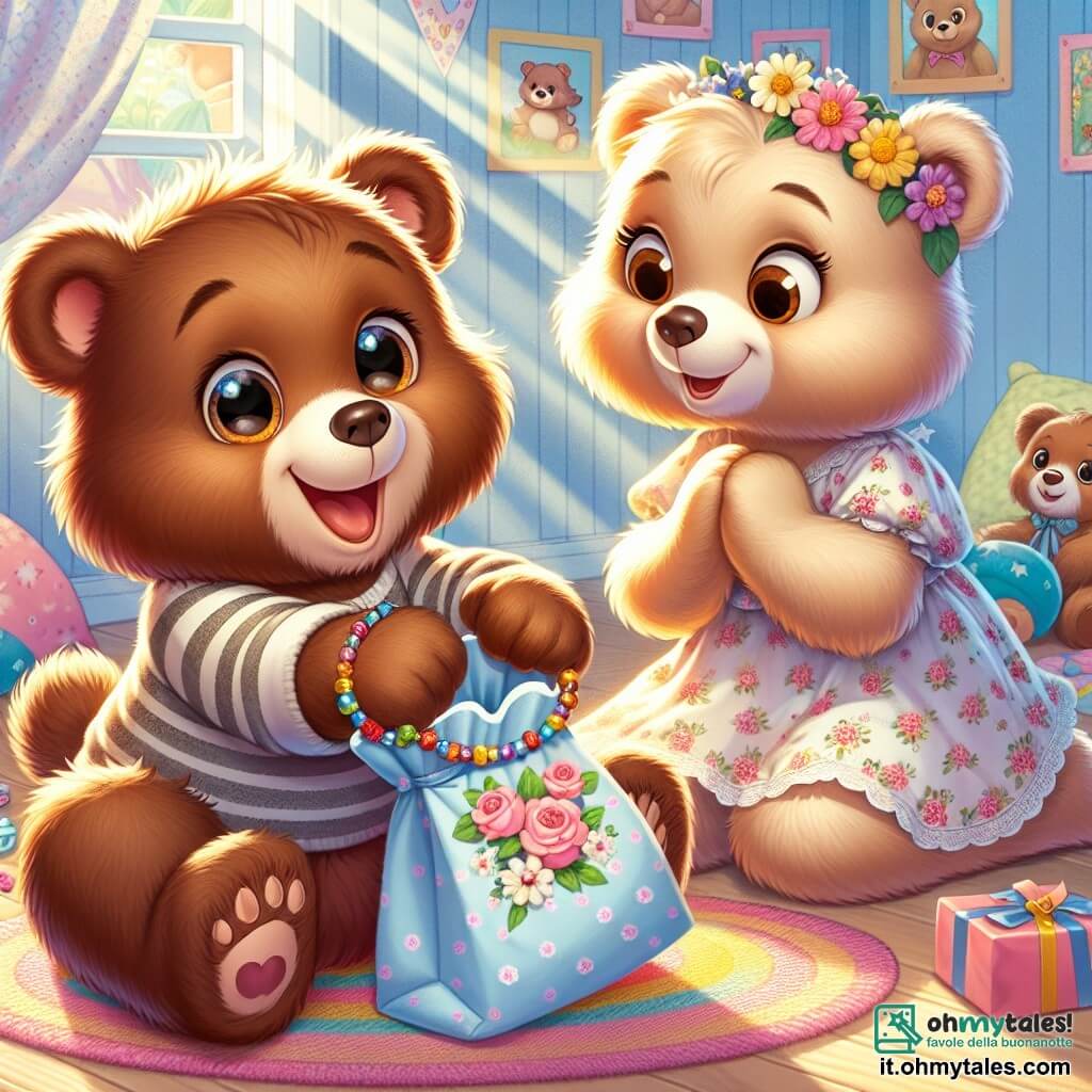 Un piccolo orso bruno di nome Bruno, con un pelage morbido e occhi brillanti di gioia, è seduto su un tappeto colorato, tenendo una bella borsa di carta decorata con fiori. Sorride con entusiasmo, pronto a regalare un dono alla sua mamma. Accanto a lui, Orsa Maria, un'orsa dolce e affettuosa con pelage color crema e occhi lucenti, si inclina in avanti con un sorriso commosso, pronta a ricevere il regalo dal suo cucciolo. La scena si svolge in una camera accogliente, piena di giocattoli colorati e raggi di sole che filtrano da una finestra con tende leggere. Bruno, emozionato, porge la borsa a sua madre per offrirle un braccialetto, simbolo del loro amore, mentre Orsa Maria si avvicina con sorpresa e felicità, pronta a scoprire il tesoro che suo figlio ha preparato per la festa della mamma.
