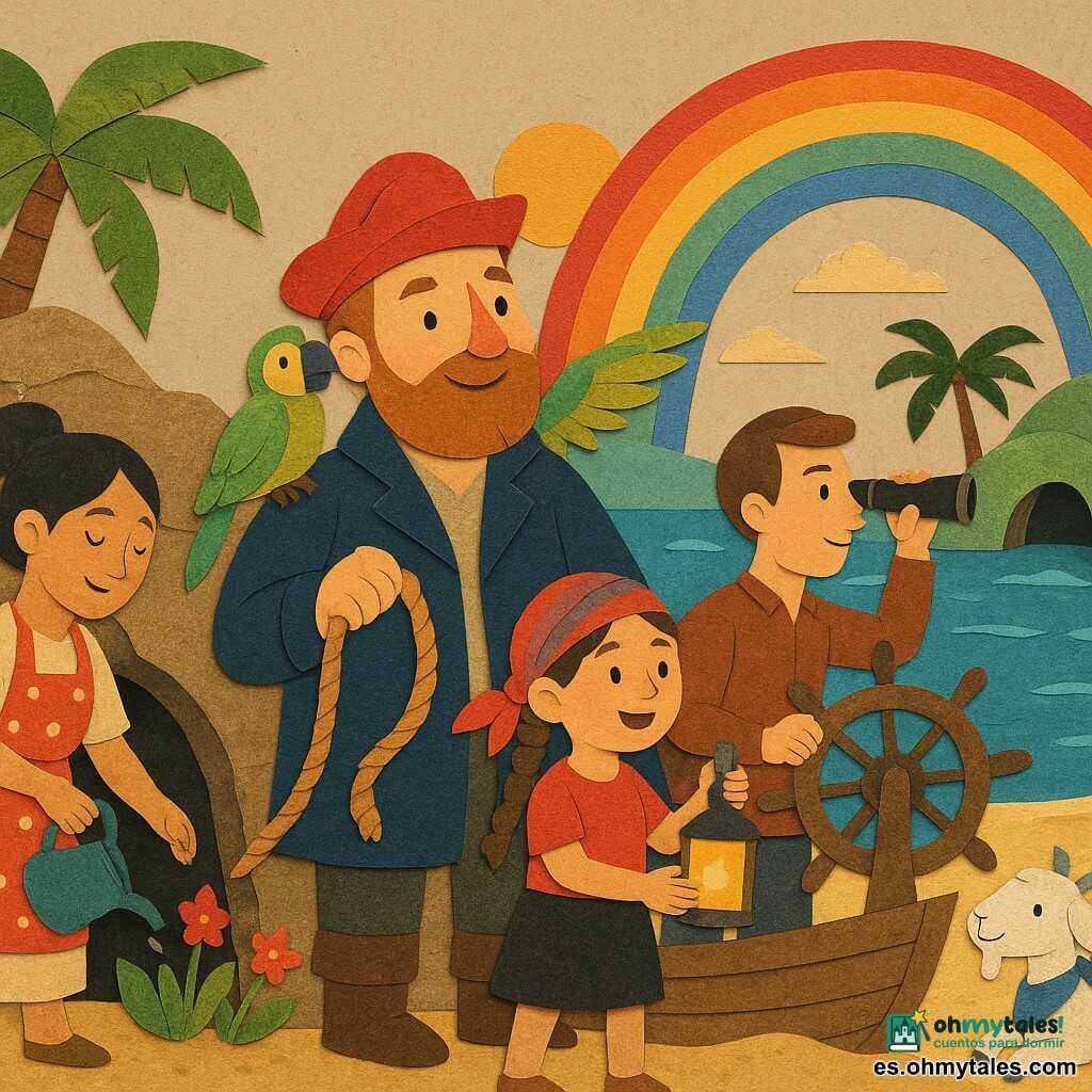 Un grupo celebra en una playa dorada frente a una isla con forma de pico de loro: el capitán Pablo, sonriente y decidido, con barba rojiza y gorra roja, sujeta una gran cuerda mirando la isla; Pepe, el loro verde y amarillo, en su hombro con las alas semiabiertas; Lucía, la cocinera de pelo recogido y delantal de lunares, riega flores junto a la cueva; Martín, el marinero, con catalejo junto al timón del pequeño barco; Sofi, una niña con trenzas y pañuelo colorido, sostiene una linterna maravillada; una cabra blanca con pañuelo azul está cerca; una cueva oscura con puerta de piedra decorada con conchas y flores revela medio tesoro de juguetes y libros, palmeras inclinadas, cielo al atardecer con un gran arcoíris; estilo de formas recortadas en papel texturado, colores planos y vivos, bordes pegados visibles y detalles infantiles.
