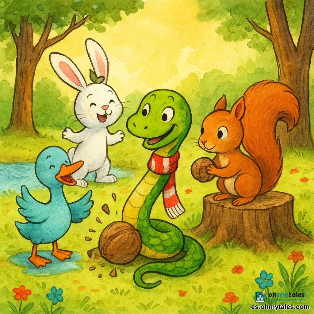 Una serpiente llamada Tito, sonriente y traviesa, con escamas verdes y amarillas y una pequeña bufanda roja y blanca, enrosca la cola para romper una nuez; a la derecha, una ardilla roja en una toconera sostiene la nuez y lo mira con admiración; a la izquierda, un pato azul claro con pico naranja chapotea y aplaude junto a un pequeño estanque; detrás, un conejo blanco de largas orejas salta y ríe; en una clara del bosque soleada con hierba, flores y un lago brillante, saltan trozos de cáscara mientras todos muestran expresiones alegres y cómplices.