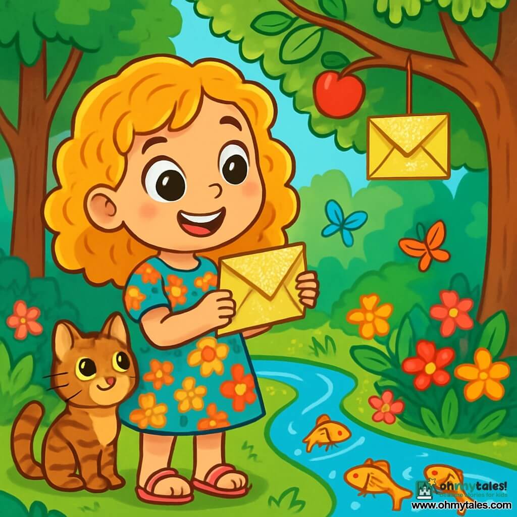 An 8-year-old girl named Lila, with sparkling big eyes and curly golden hair, smiles in wonder while holding a shimmering envelope in her hands. She wears a colorful flower-patterned dress and pink sandals. Next to her, a small tabby cat named Whiskers, with bright green eyes, curiously watches the envelope, its tail wrapped around its paws. The scene is set in an enchanted forest with tall, majestic trees whose leaves shine like emeralds in the sun. A sparkling stream winds through the ground, with colorful fish joyfully jumping out of the water. The main situation shows Lila discovering the magical envelope hanging from a branch of an old apple tree, surrounded by vibrant flowers and fluttering butterflies, as sunlight filters through the leaves, creating a fairy-tale and joyful atmosphere.