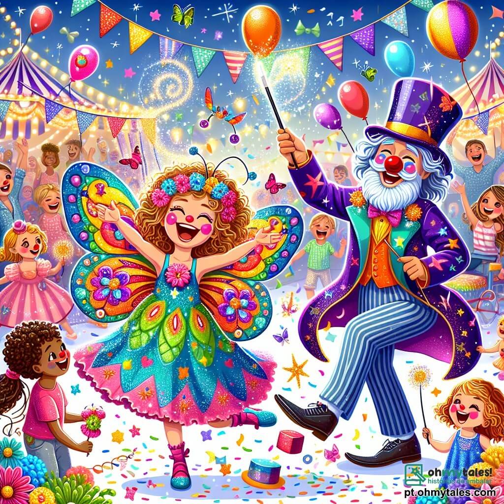 Uma menina de 4 anos, Lila, com grandes olhos brilhantes e cabelos cacheados, veste um lindo traje de borboleta colorida, cheio de padrões de flores e borboletas. Ela dança alegremente, com um grande sorriso no rosto, cercada por confetes coloridos que caem do céu. Ao lado dela, um palhaço alegre, de cerca de 30 anos, com um grande nariz vermelho e cabelos multicoloridos, faz caretas enquanto jongla com balões. Ele ri e dança, acrescentando um toque de magia à cena. Um pouco mais longe, um mágico de cerca de 50 anos, com uma longa barba branca e um chapéu alto, segura uma varinha mágica e faz estrelas cintilantes aparecerem no ar, cativando a atenção das crianças ao seu redor. O local é um parque vibrante de cores, cheio de decorações de carnaval: guirlandas de flores, balões flutuantes e luzes brilhantes. Famílias e crianças se divertem, dançam e riem, criando uma atmosfera festiva e alegre. A cena principal mostra Lila, o palhaço e o mágico no coração da festa, dançando juntos sob um céu azul, cercados de risos e magia, ilustrando o espírito alegre e encantador do carnaval.