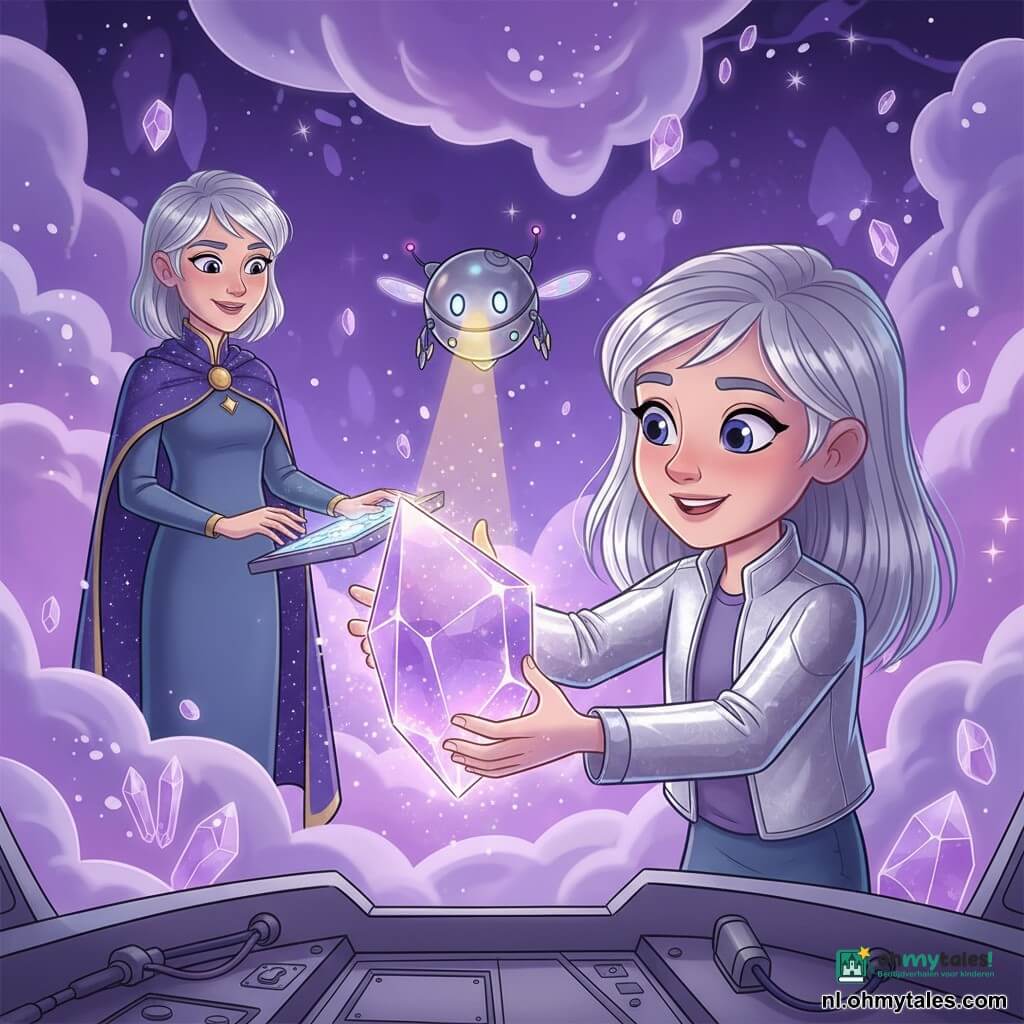 Luna, een ongeveer 11-jarig meisje, vrolijk en verwonderd, met halflang zilverachtig haar en grote blauwviolette ogen, draagt een zilverkleurig jasje en reikt naar een groot paars kristal dat zacht gloedt; Nova, een klein vliegend robotje als een zilveren bol met doorschijnende vleugels en gekleurde LED's, zweeft erbij en richt een gouden lichtstraal op het kristal; Luna's moeder, circa 38 jaar, in een lange sterrencape kijkt trots vanaf de achterkant van het schip met een hand op een verlicht paneel; locatie: paarse etherwolk in de ruimte met drijvende kristallen, fonkelende deeltjes en vage sterren, voorkant van het kleine schip Zilverflits zichtbaar met panelen en kabels; hoofdactie: Luna en Nova raken samen het kristal aan dat in zilver-purpurtinten en regenboogkleuren oplicht en een zachte explosie van lichtdeeltjes veroorzaakt, magische, warme sfeer, compositie gericht op Luna's hand en het kristal, zacht licht met levendige cel-shadingcontrasten.