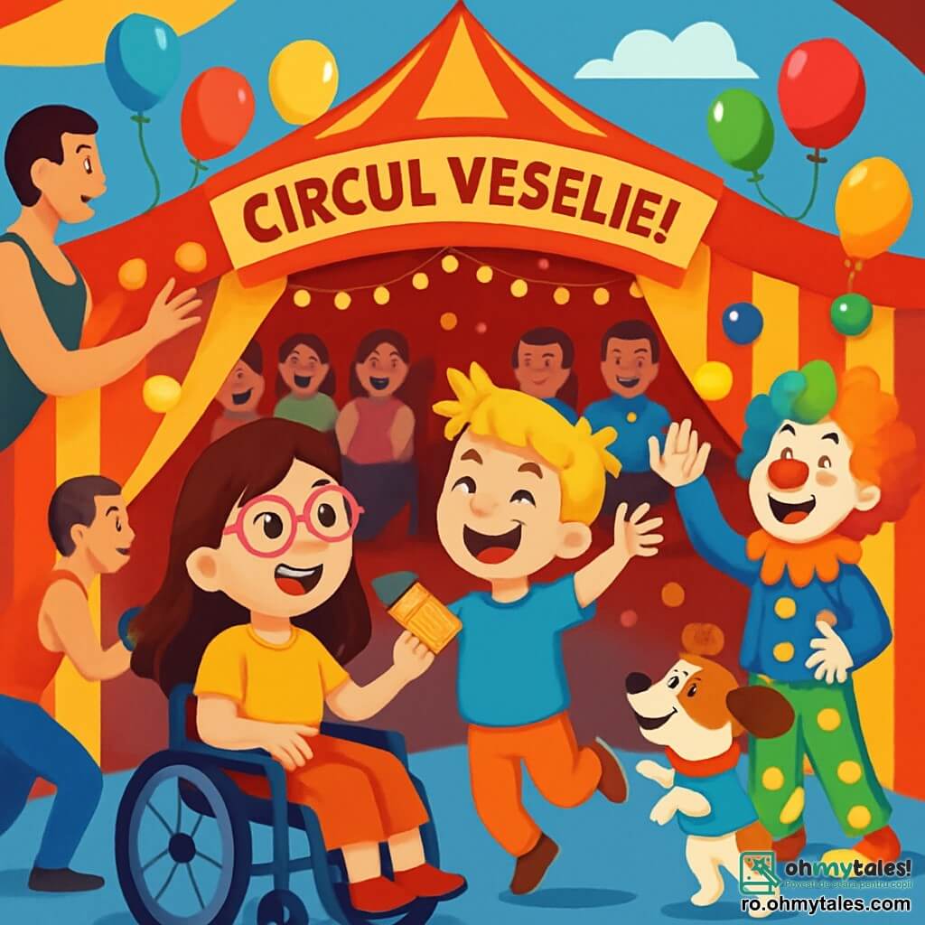Există două personaje principale: Ana, o fetiță de 8 ani, cu părul lung și brunet, purtând ochelari roz, care stă pe un scaun cu rotile, zâmbitoare și entuziastă, ținând un bilet de circ într-o mână, și Vlad, un băiat de 8 ani, cu părul blond și zbârlit, îmbrăcat într-un tricou albastru strălucitor, care sare de bucurie lângă Ana, având un zâmbet larg pe față. Acțiunea se desfășoară la Circul Veseliei, un cort mare și colorat, decorat cu dungi roșii și galbene, iluminat de lumini strălucitoare, cu baloane multicolore plutind pe tavan. Spectatorii, copii și adulți, râd și aplaudă în jurul lor, în timp ce un clovn cu un nas roșu și o perucă mare și colorată jonglează cu mingi strălucitoare. Ana și Vlad sunt încântați în timp ce descoperă culisele circului, înconjurați de jongleri și acrobați, cu accesorii strălucitoare și costume flamboyante. Ana admiră un jongler care aruncă mingi în aer, în timp ce Vlad se apropie de un cățel îmbrăcat care dansează vesel.