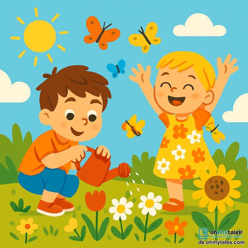 Ein 4-jähriger Junge, Max, mit zerzausten braunen Haaren und neugierigen Augen, hockt in einem sonnigen Garten und lächelt begeistert, während er mit einer kleinen roten Gießkanne bunte Blumen gießt. Neben ihm ermutigt seine beste Freundin Mia, ein 4-jähriges Mädchen mit geflochtenen blonden Haaren in einem Blumenkleid, ihn fröhlich mit erhobenen Armen, umgeben von schwirrenden Schmetterlingen. Der Garten ist voller leuchtender Blumen, roter Tulpen, weißer Margeriten und gelber Sonnenblumen, mit einem klaren blauen Himmel und fluffigen Wolken im Hintergrund. Die Szene strahlt eine fröhliche und lebendige Atmosphäre aus, in der die Natur in voller Blüte steht. Max und Mia, konzentriert auf ihre Aufgabe, zeigen ihren Willen, sich um die Pflanzen zu kümmern und ihr Engagement für den Umweltschutz mit strahlenden Lächeln.