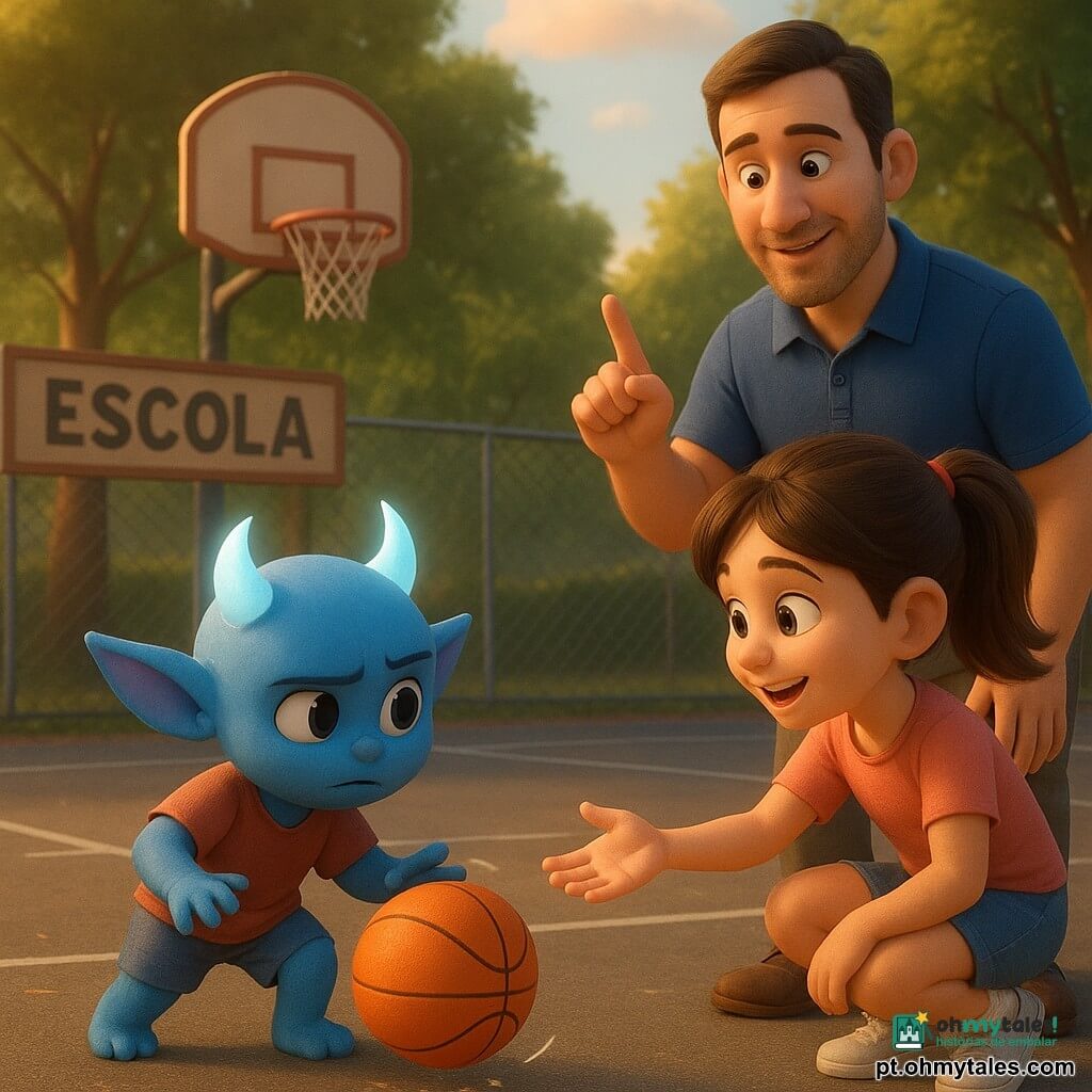 Luma, pequeno personagem fantástico infantil com duas tufas brilhantes e orelhas pontudas, expressão tímida e determinada, tenta driblar uma grande bola laranja com as mãos perto da bola e joelhos ligeiramente flexionados; Sara, garota humana sorridente de cabelo castanho em rabo de cavalo, agachada ao lado, confiante e incentivadora, estende a mão para devolver a bola; o professor Davi, adulto calmo de porte médio com camiseta azul, fica na beira da quadra com o dedo levantado mostrando a técnica, rosto benevolente; a pátio da escola é uma pequena área asfaltada com cesta de basquete metálica, tabela de madeira pintada, cerca de tela, marcações brancas no chão e árvores de folhas verdes ao fundo sob luz suave do fim de tarde; situação principal: Luma aprende a driblar sob o olhar encorajador de Sara e do professor, a bola quica com “pum” visível em pequenas ondas gráficas, clima alegre e acolhedor.