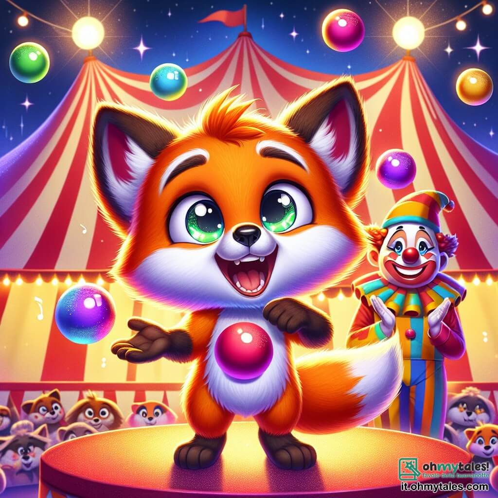 Un piccolo volpe vivace, con un pelo arancione brillante e occhi scintillanti di gioia, gioca con palle colorate che brillano sotto le luci del circo. Ha un ampio sorriso sul viso, mostrando il suo entusiasmo e la sua orgoglio. Accanto a lui, un clown felice, con un naso rosso, capelli arruffati e un costume multicolore, applaude con un grande sorriso, incoraggiando la volpe nella sua esibizione. Sullo sfondo, un grande tendone a strisce rosse e bianche si erge sotto un cielo stellato, pieno di spettatori meravigliati che guardano la scena con occhi spalancati. La scena principale mostra la volpe mentre gioca, circondata da un'atmosfera magica, dove la musica e le risate fluttuano nell'aria, creando un'atmosfera festosa e gioiosa.